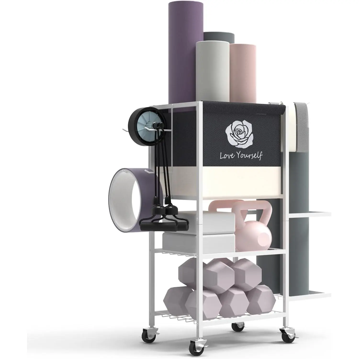 Yoga Mat Storage Rack, Gym Storage Rack Gym Workout Equipment Storage Organizer Fitness Weight Rack  Wheels for Yoga Mat,Yoga Block, Roller,Resistance Band,Dumbbell,Kettlebell and Other Workout Accessories