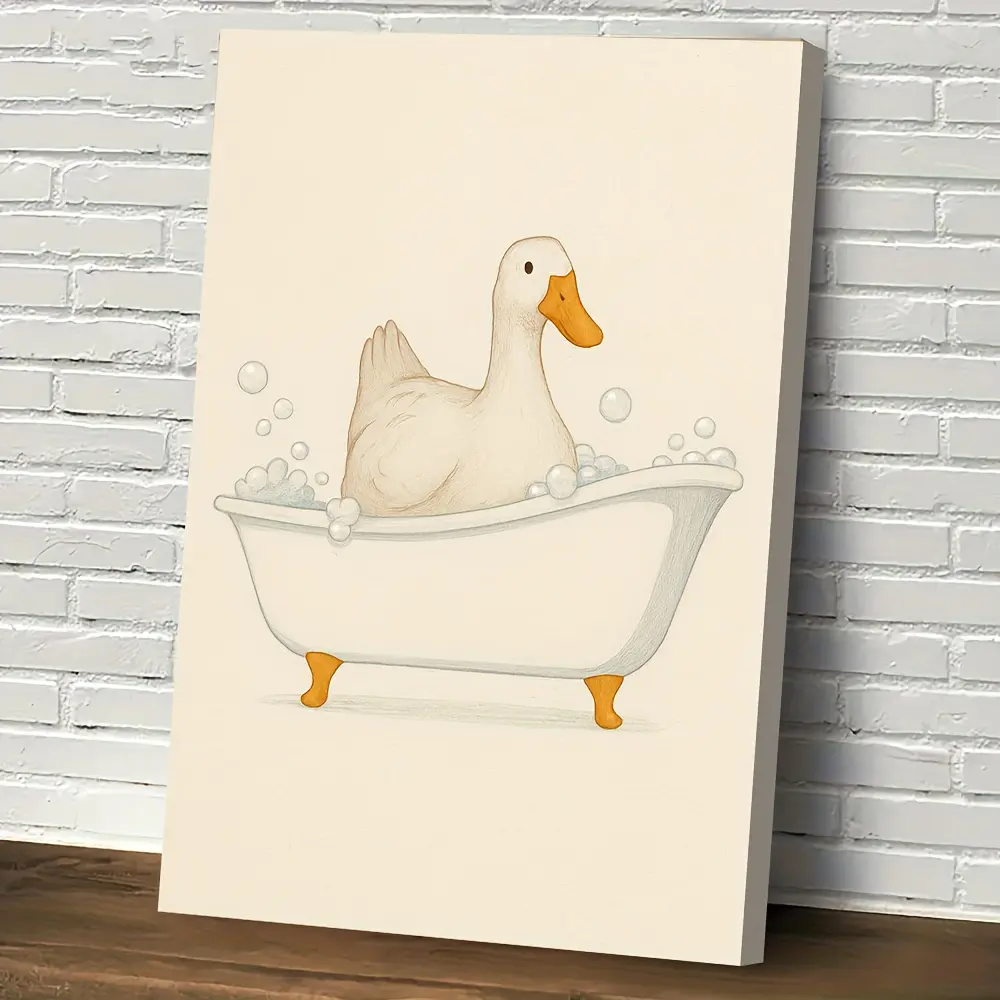 1 piece, Cute Duck Bathtub Canvas Art - Animal and Nature Elements Wooden Frame Decorative Painting, suitable for home, office, or children's room wall decoration - Child-friendly design - Wooden frame artwork, home decor - Easy to hang