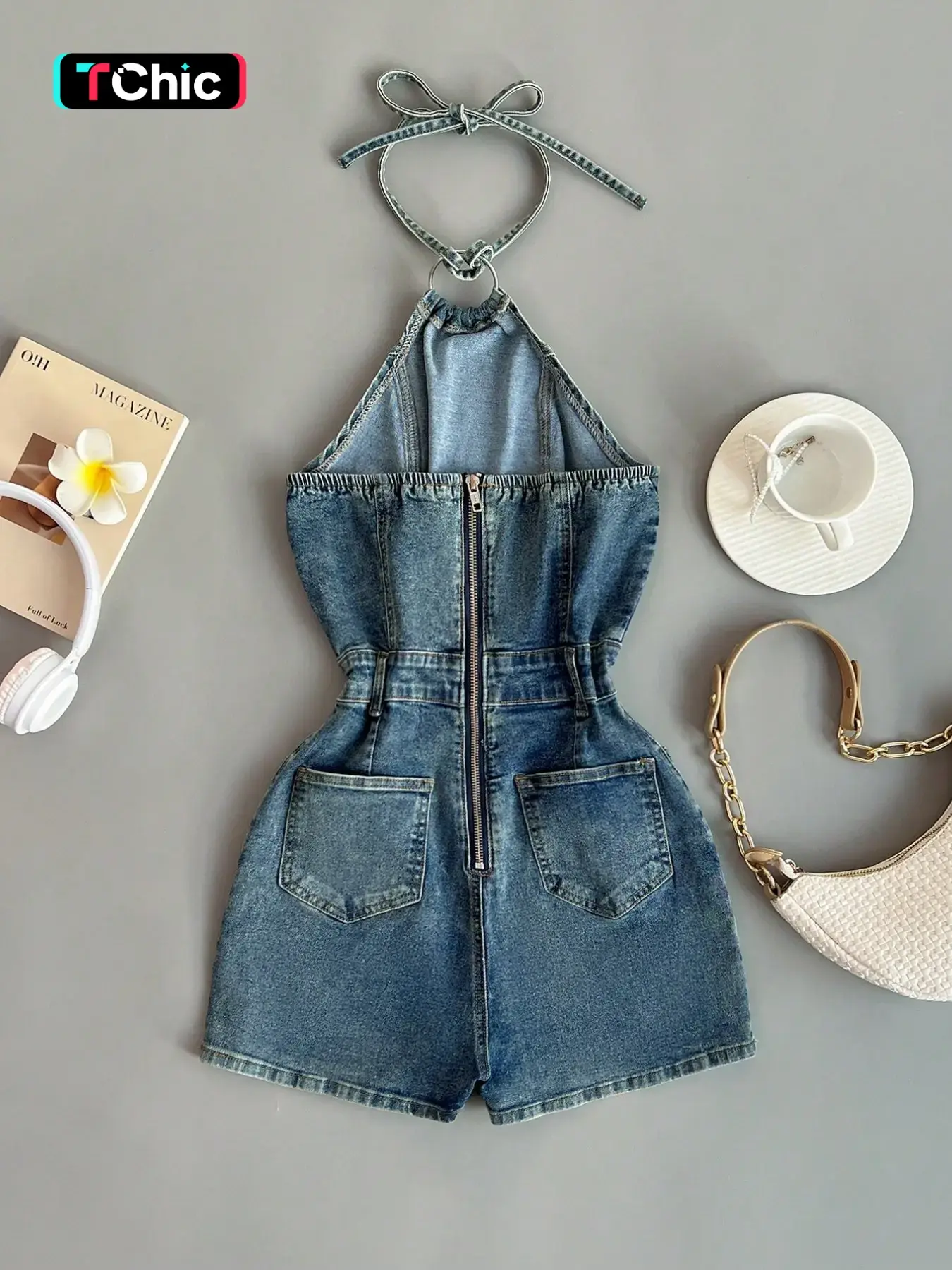 Women's Vintage Denim Jean Jumpsuit, Halter Neck Design, Crop Top Style, Casual Fashion, Daily Wear, Summer Retro Jeans Shorts