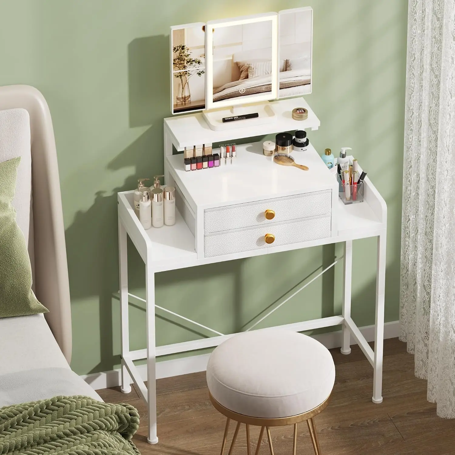 White 28.4" Width Compact Makeup Vanity Desk with Lighted Mirror, Height-Adjustable Stand, 2 Fabric Drawers, Small Bedroom Space Furniture Gift for Girls