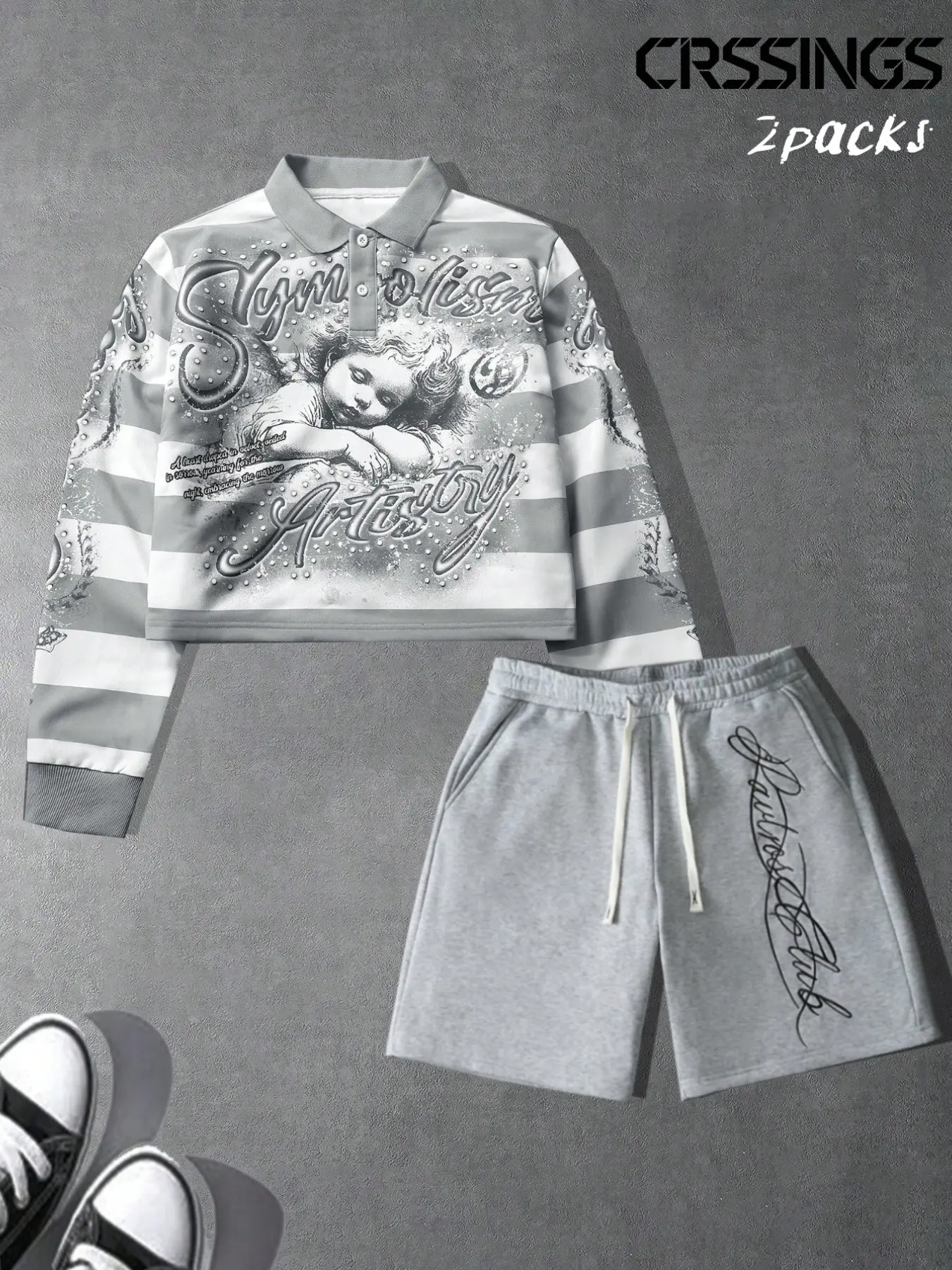 Two-Piece Set Striped Rhinestone Angel Short Polo Shirt + Pure Floral Letter Drawstring Sweatpants, Casual Sportswear