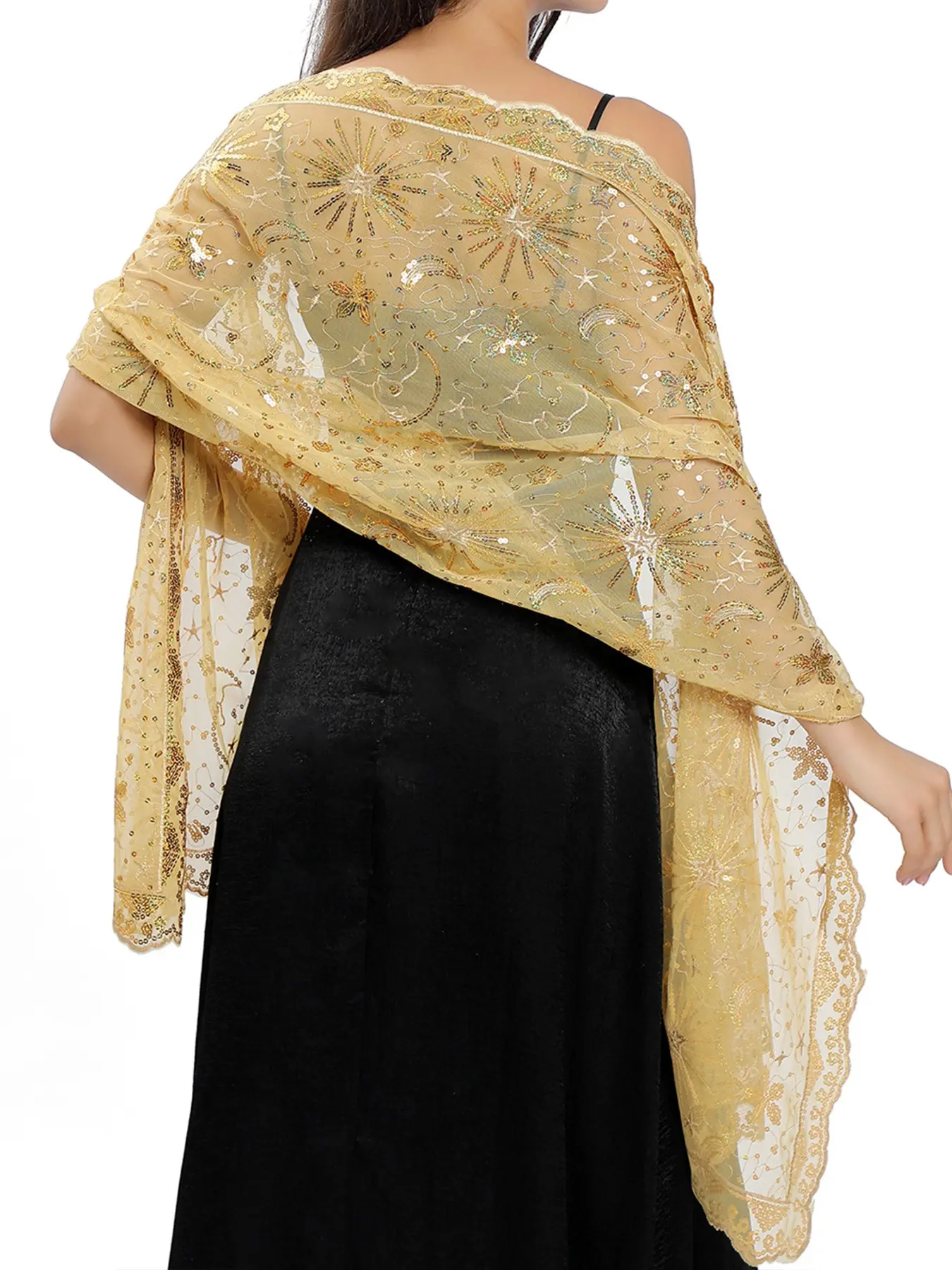Star Moon Embroidered Sequin Shawl, Lightweight Breathable, High-Quality Elegant Style, Perfect for Evening Parties, Weddings, Stage Shows