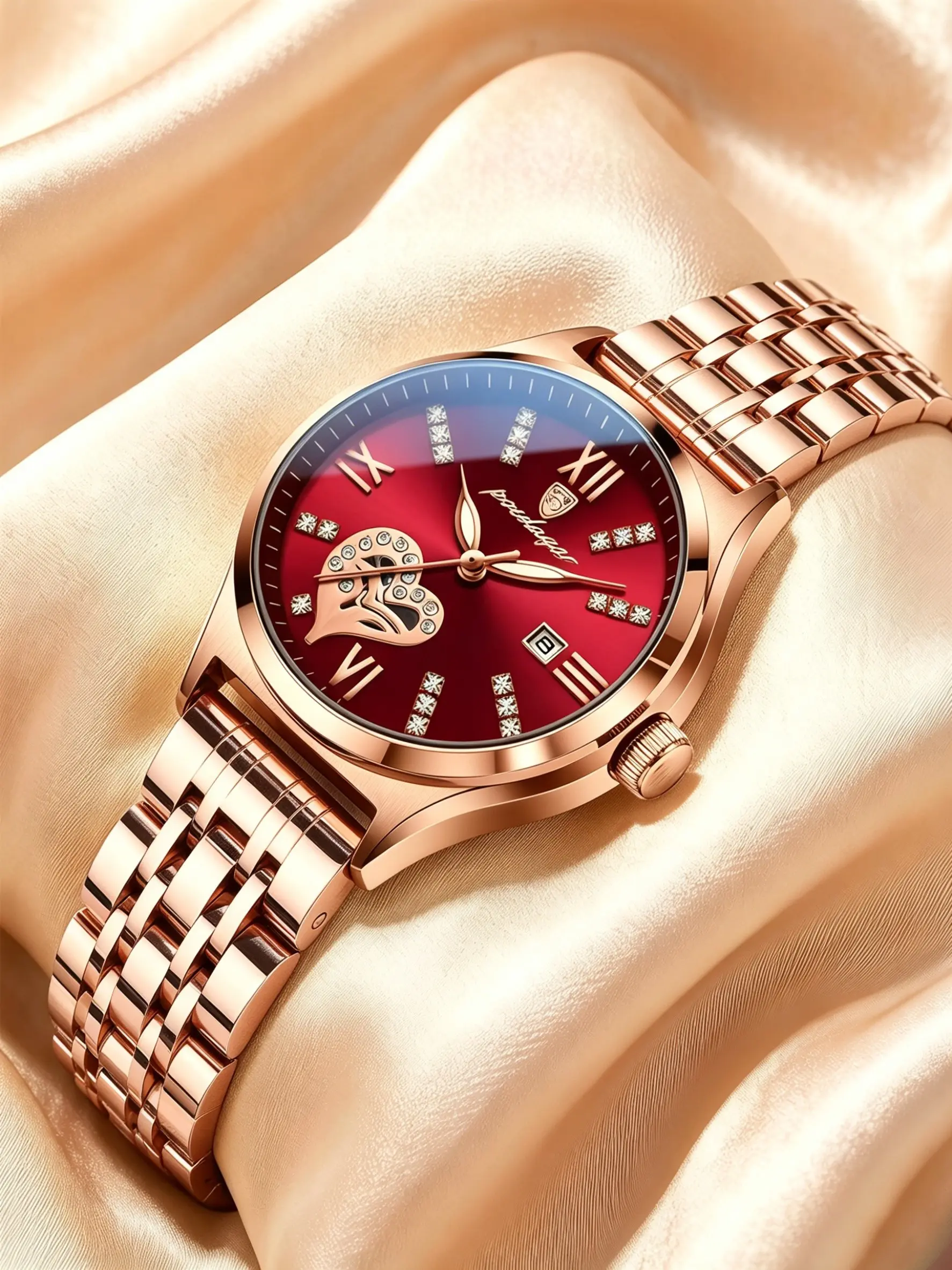Women Watch Rose Gold Stainless Steel Band Red Dial Hollow Heart Owl Movement Diamond Roman Numerals Calendar Luminous Waterproof Ladies Quartz Wristwatch Luxury Elegant Gift for Girlfriend Valentine Daily Business Casual Wear Quartz Analog Watch
