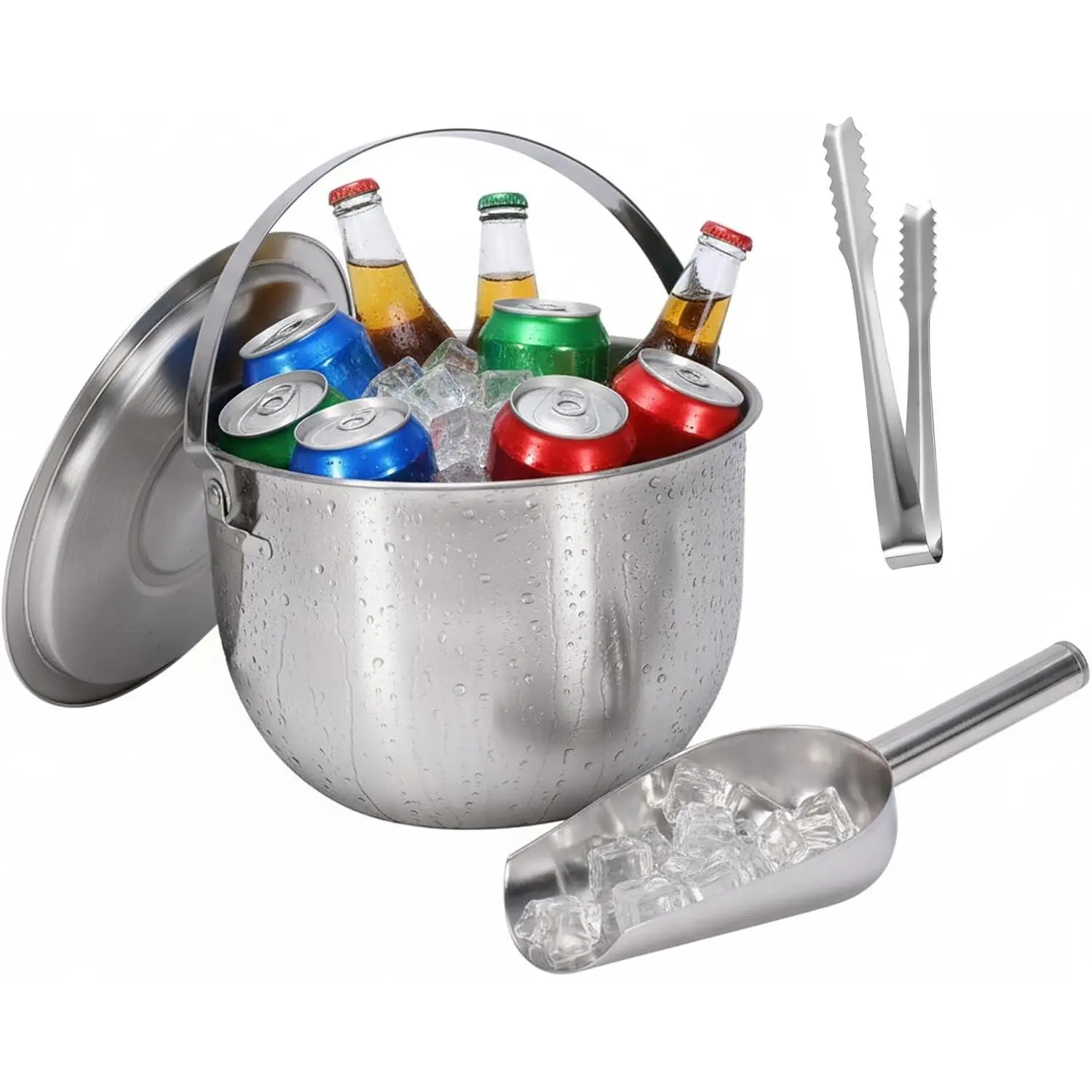 Stainless Steel Ice Bucket with Lid, Champagne Buckets with Scoop and Tong, Wine Chillers, Beverage Tub with Handles, Ideal for Parties, Bar, Pool, Beach and Home-Large Capacity, Silver