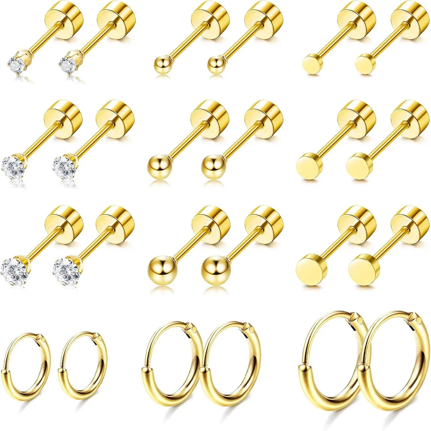 Small Tiny Stud Flat Back Earring Hypoallergenic Gold Studs 14K Surgical Steel Earring Sets for Multiple Piercing Cartilage Hoop Earrings
