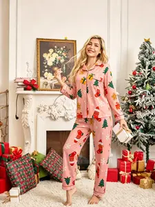 New Fall Winter Christmas Pajama Set, Gingerbread Man and Tree Print, Women's Long Sleeve Collared Sleepwear, Casual Home Two-Piece