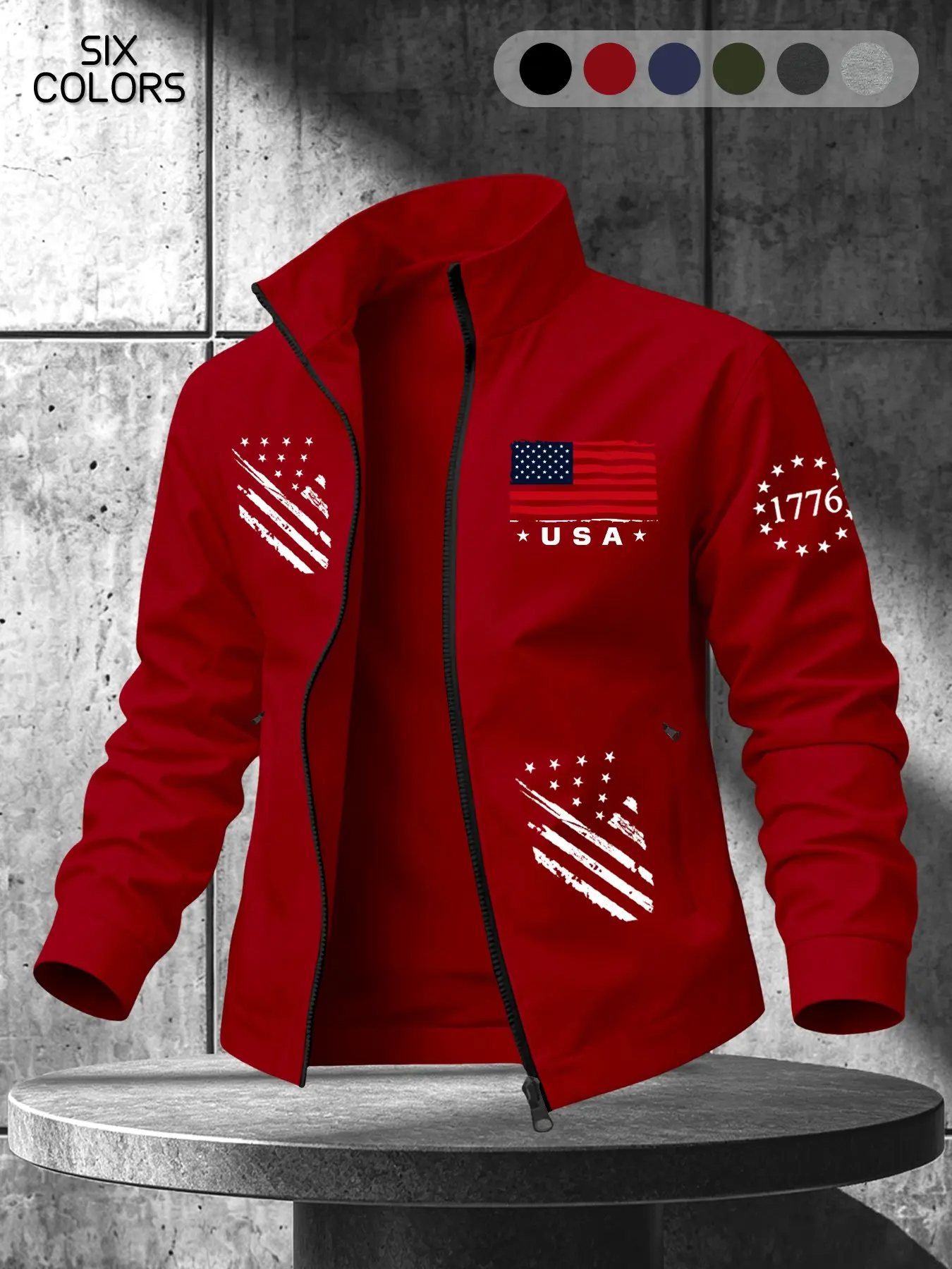Men's Usa Flag Retro Lapel Jacket, Six Colors Casual Zipper Outerwear, Daily and Festival Wear, Long Sleeve Fitted Sporty Style