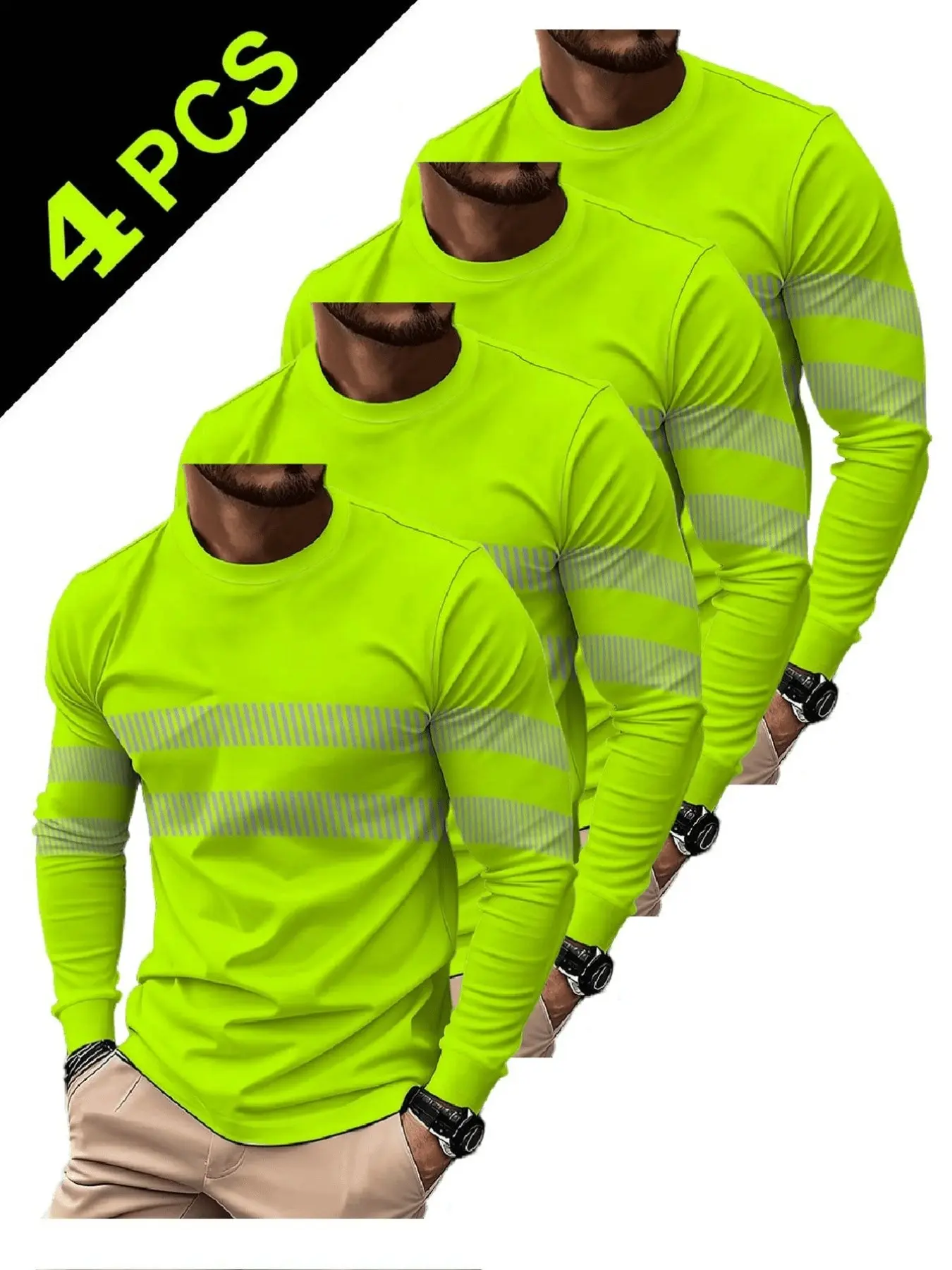 4-Pack Men's Long Sleeve T-Shirts, Fluorescent Blue Stripes, Casual Fitted, All-Seasons, Outdoor Workwear, Street Style, Home Wear