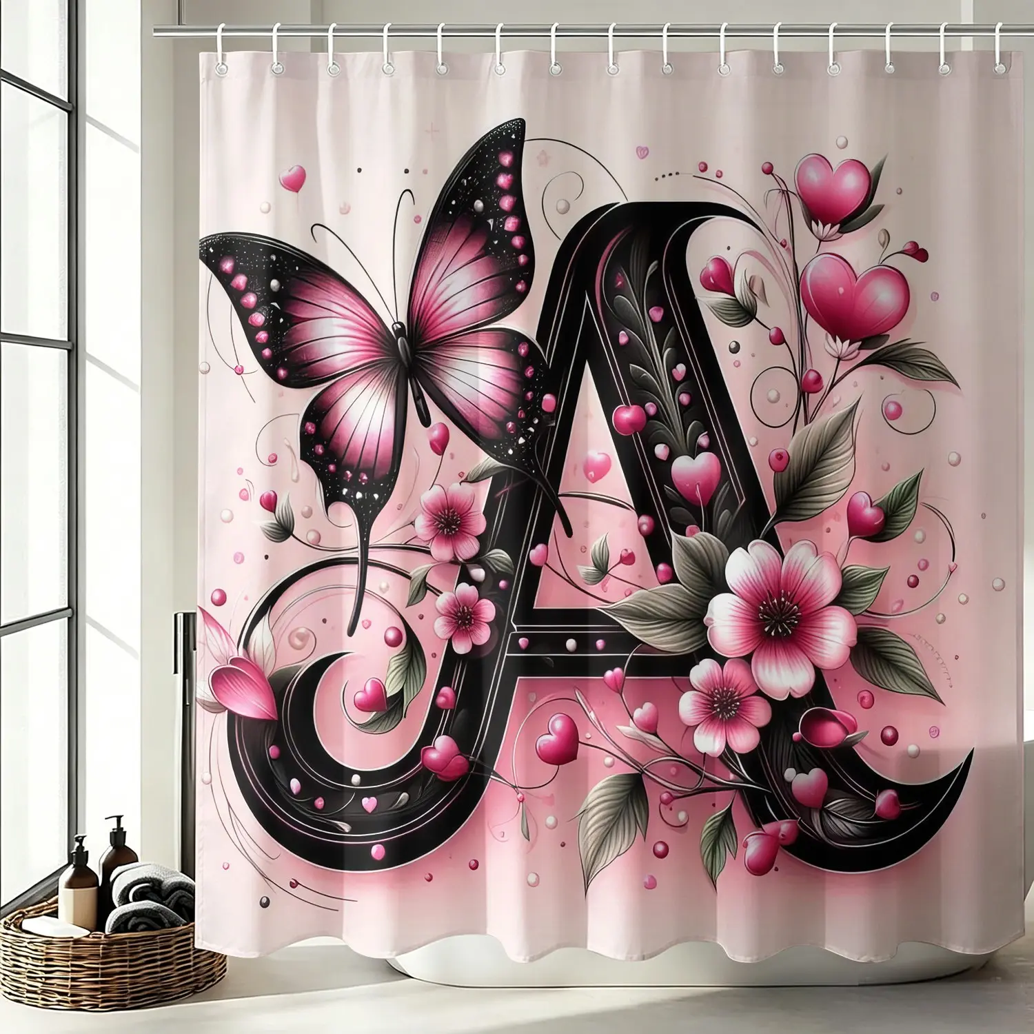 Pink Butterfly Monogram A Floral Heart Shower Curtain, Waterproof Cloth Fabric, Elegant Romantic Initial Print, Comes With 12 Hooks, Easy Clean for Bathroom Accessories, Soft Girly Boho Bath Decor, 72"x72"