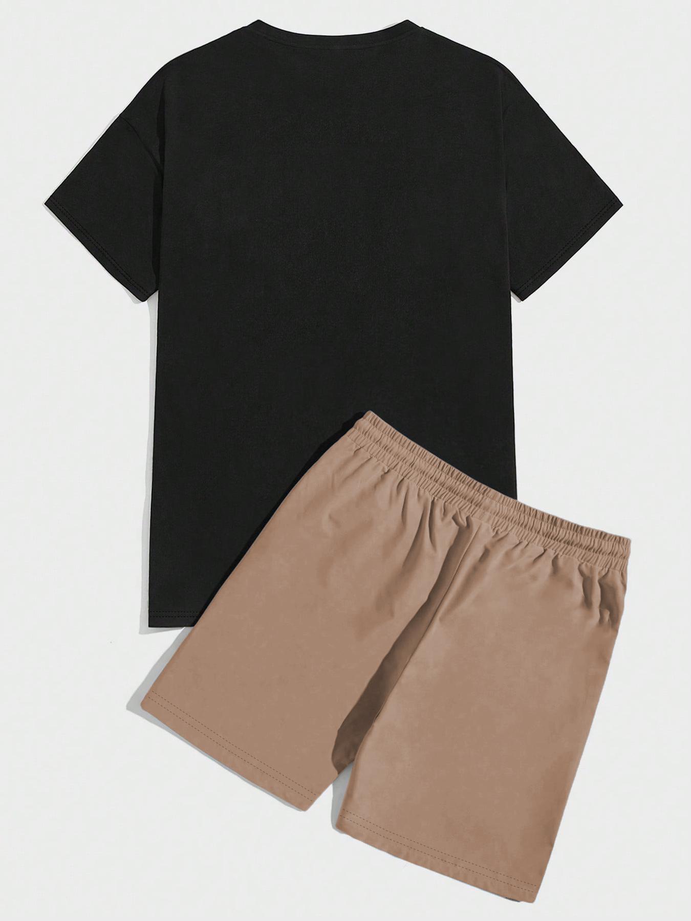 Two-piece Set Men's Bear Print Short Sleeve Tee & Shorts, Regular Fit Casual Round Neck T-shirt & Shorts, Men's Summer Clothes for Daily Wear, Loungewear, Shorts Pajama Set