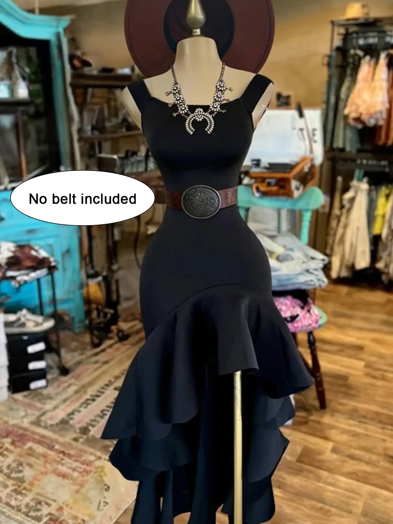 Women's Western Spaghetti Strap Mermaid Dress, Fitted Irregular Ruffle Hem Maxi Bodycon Dress (Belt Not Included)