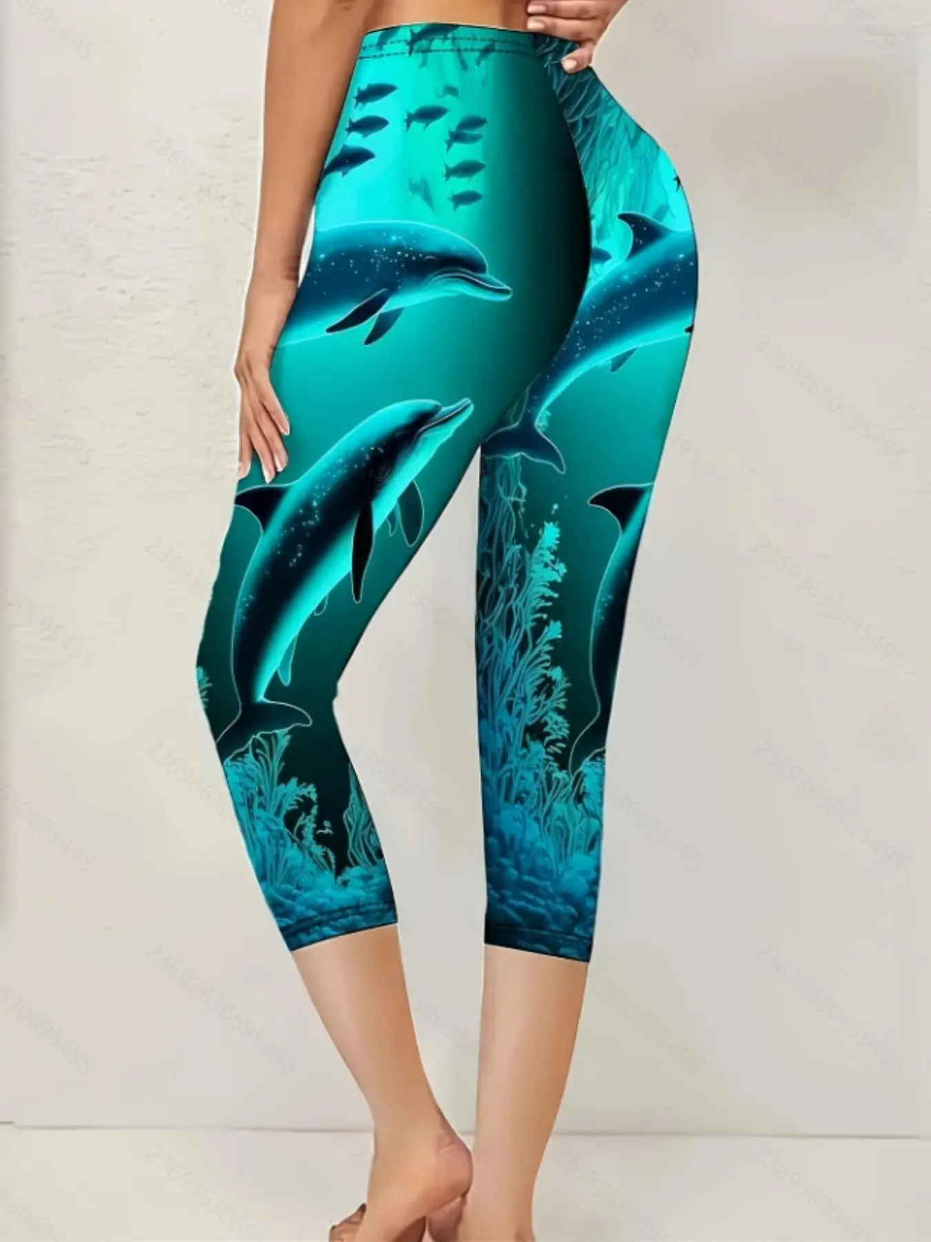 Women's Ocean Print Leggings, Sporty Casual Tight Fit Pants, Outdoor Yoga Capri Pants, Fashionable Athletic Wear for Women, Workout Capris