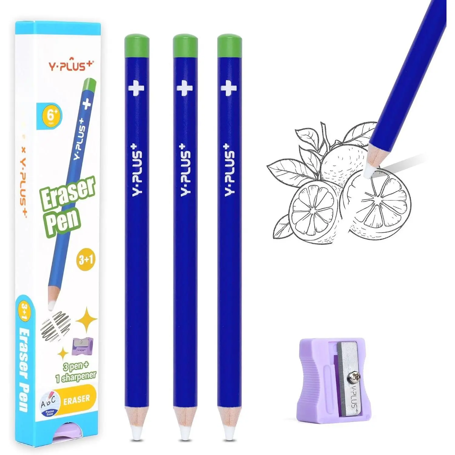 Eraser Pen with Sharpener, Fine Detail Erasing, Blue, 3 count | Pen-style sharpenable erasers for , artists and adults, school and art use,  to school supplies