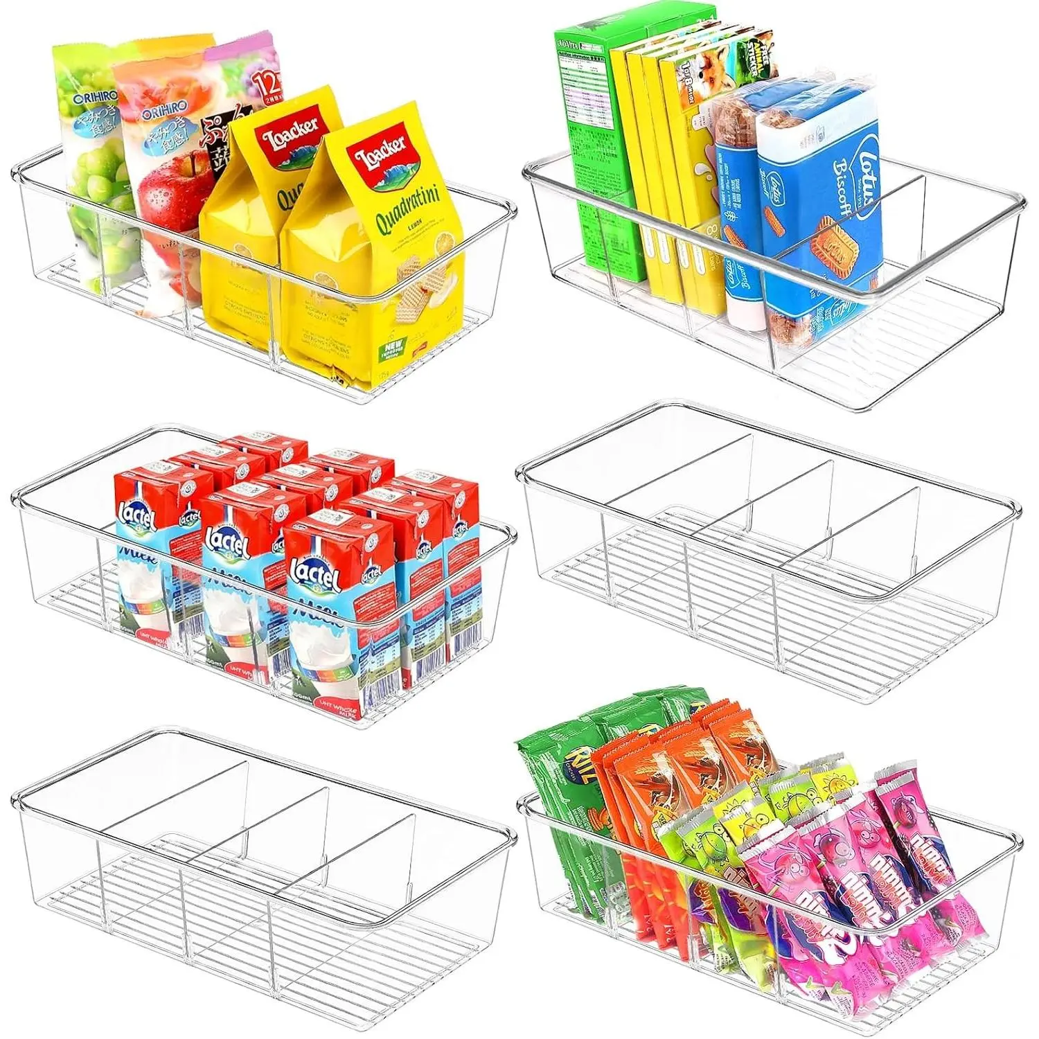 Snack Organizer for Pantry Shelf, 6 Pack Clear Plastic Pantry Storage Bins with 3 Dividers for Snacks, Spices, Chips Food Organizer, Stackable Pantry Organizers for Kitchen, Fridge, Cabinet