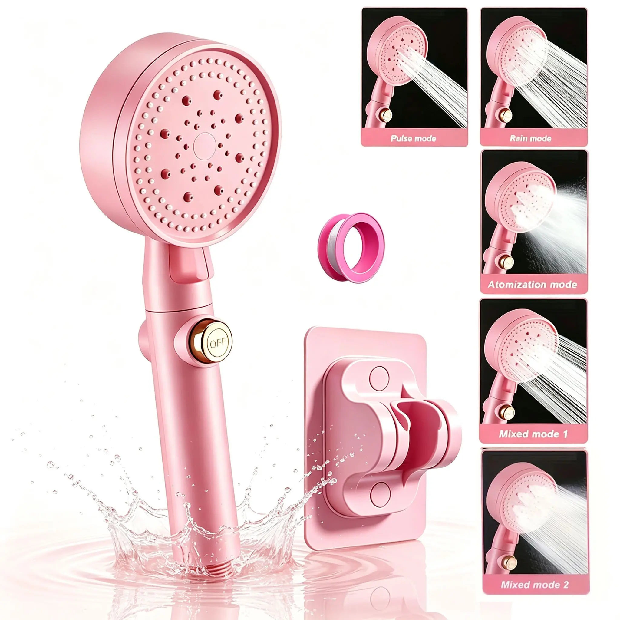 5 Modes High-Pressure Handheld Shower Head Set, No Drilling Shower Rack, On/off Switch, Water-Saving Bathroom Shower Head, No Hose Included, Handheld Shower Combo