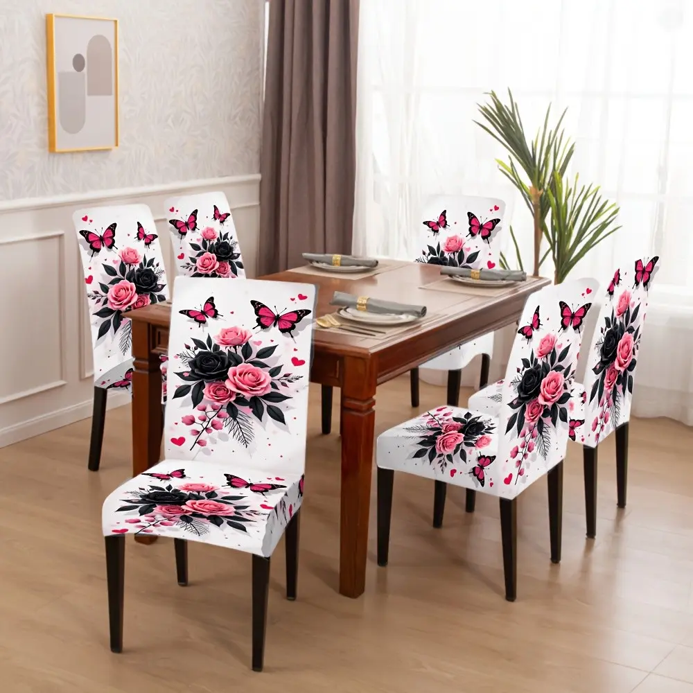Elastic Dining Chair Covers Set, Floral Pattern with Roses and Butterflies, Furniture Protector, 4/6 Pieces, 2D Flat Design, Dining Chair Slipcovers