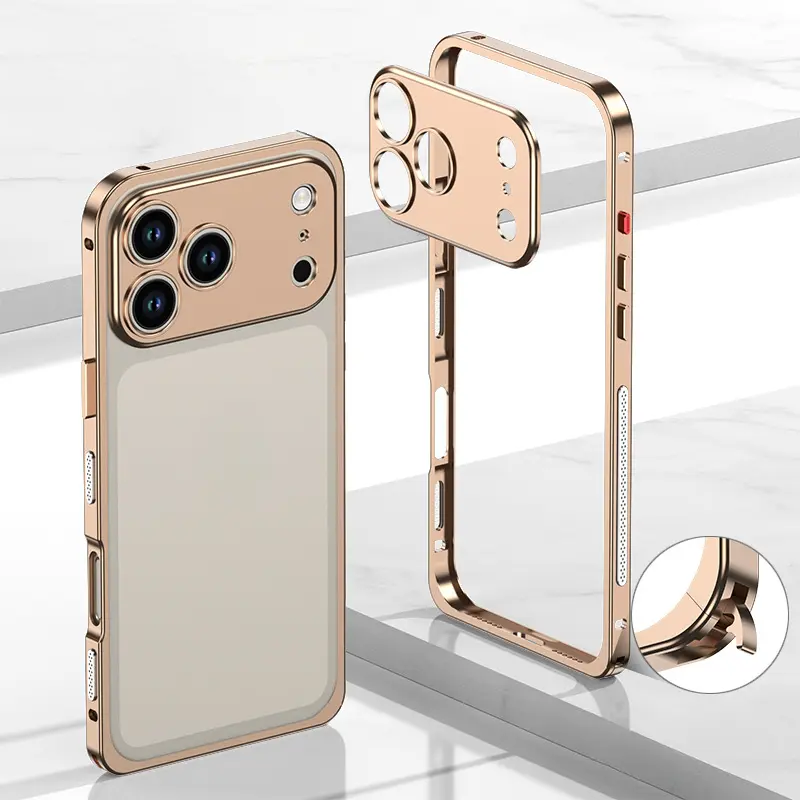 Luxury Business Titanium Metal Bumper Phone Case, Detachable Half Wrap Seahorse Buckle Frame with Built-in Silicone Liner, Metal Camera Lens Cover, Ultra Slim Heat Dissipation Shockproof Protective Cover for iPhone 12/13/14/15/16/17, 12–17 Pro Max