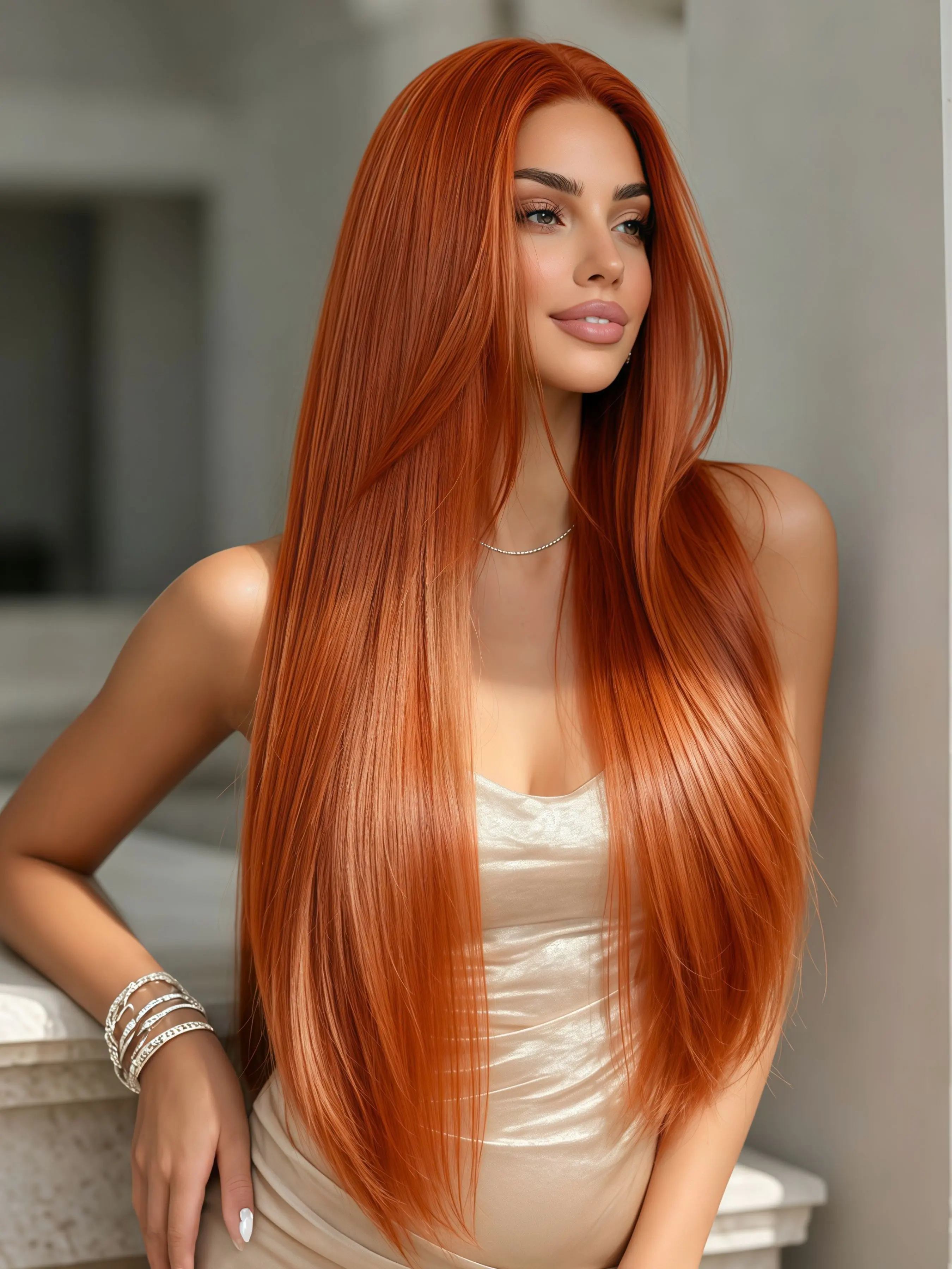 32 Inch Ginger Orange 13x4 Lace Front Wig, HD Transparent Lace Frontal Synthetic Straight Wigs with Pre-Plucked Natural Hairline, Free Part Ginger Straight Wig for Coachella & Music Festival Hair Look