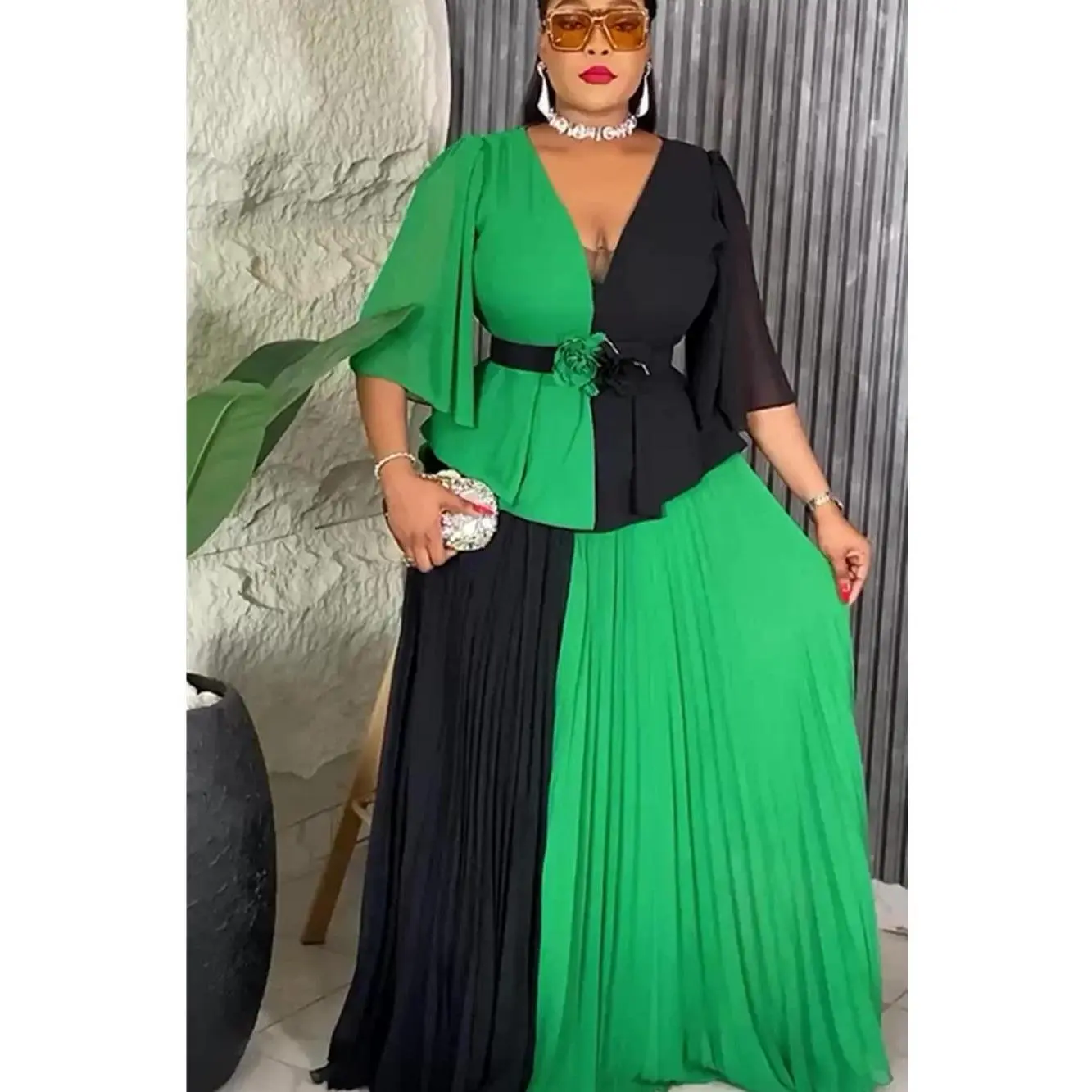 Women's Plus Size Formal Maxi Dress, Elegant African Short Sleeve Evening Gown with Ankara Print, Shortsleeve, Women's Clothes, Plus-Size Party Dresses, Chic, Plants, Xxxl, Commute Look, African-Inspired Style Party Dresses