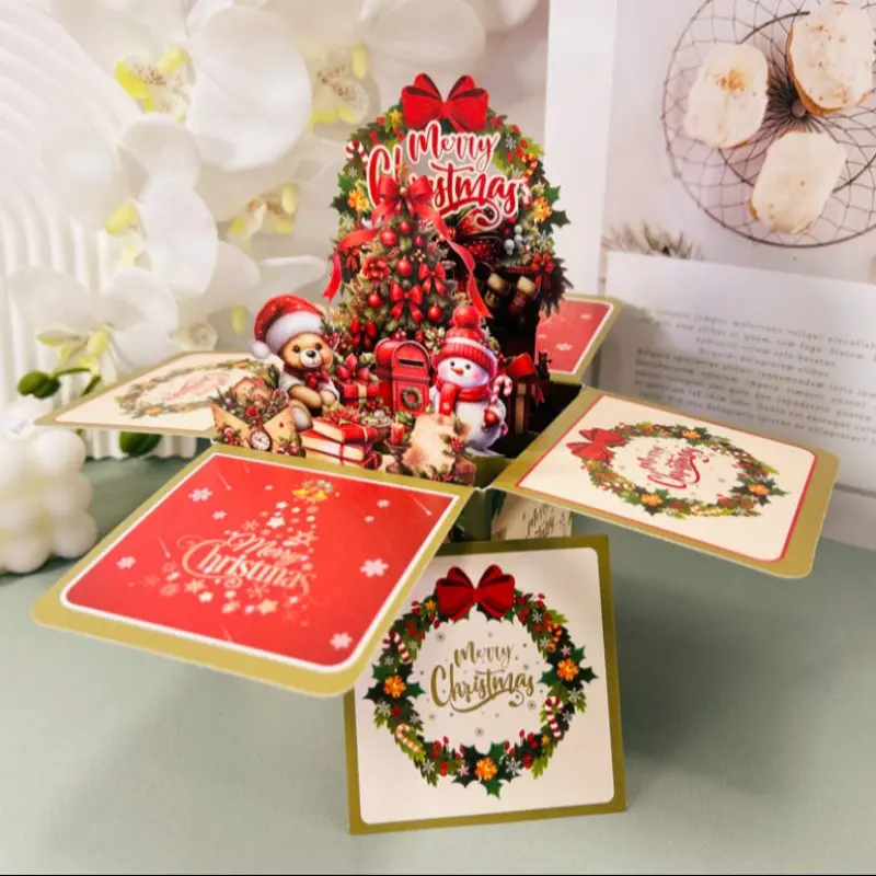 Unique Christmas Card Set, 3D Pop-Up Design Featuring Tree & Snowman, Festive Greeting Cards for Family & Friends, Holiday Gift Idea