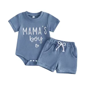 Baby Boy Summer Clohtes Outfits Waffle Knit Mama's Boy Embroidered Short Sleeve Bodysuit and Shorts 2Pcs Set Newborn Infant Clonthing 0 3 6 9 12 Months