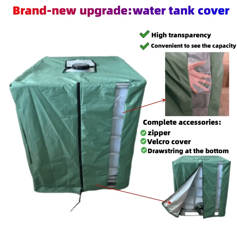 Outdoor 1000L IBC barrel protective cover outdoor/courtyard water tank cover waterproof and windproof with transparent film on the side (can see the water level) Oxford cloth material Velcro cover + zipper + windproof drawstring black/green optional