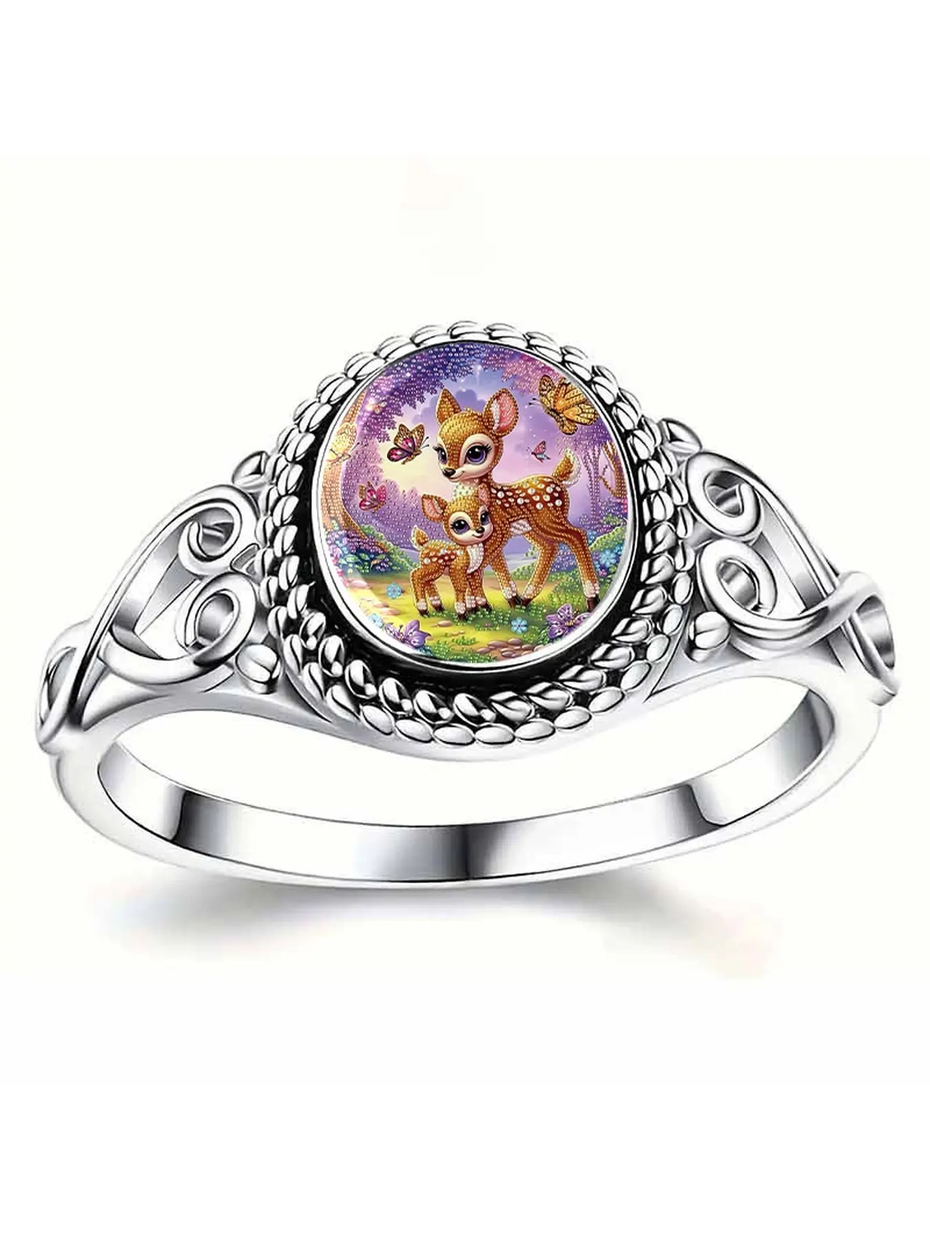 Retro hollow-patterned round ring, featuring a forest mother and son deer and butterfly design. This is a fairy tale-themed accessory with a warm and soothing image. The zinc alloy is plated with silver and features a retro engraved pattern. It is soft, c
