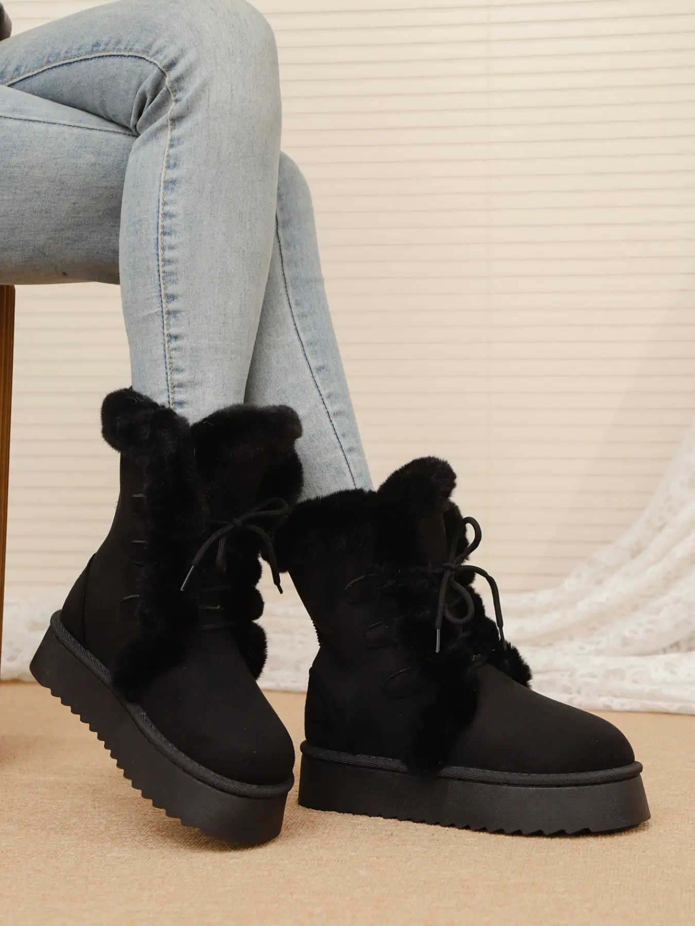 Women's Winter Snow Boots, Casual Above Ankle Booties, PU Material, Rubber Sole, Adjustable Laces, Warm & Anti-Slip, Round Toe