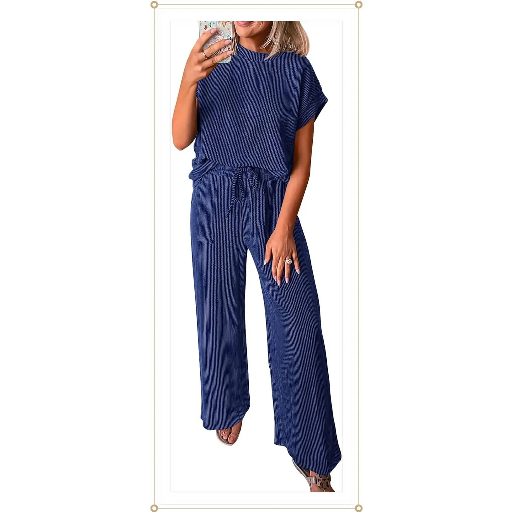 KIRUNDO 2 Piece Sets for Women Dressy Casual Ribbed Knit Short Sleeve Tops Wide Leg Pants Lounge Set Travel Airport Outfits(Gift)