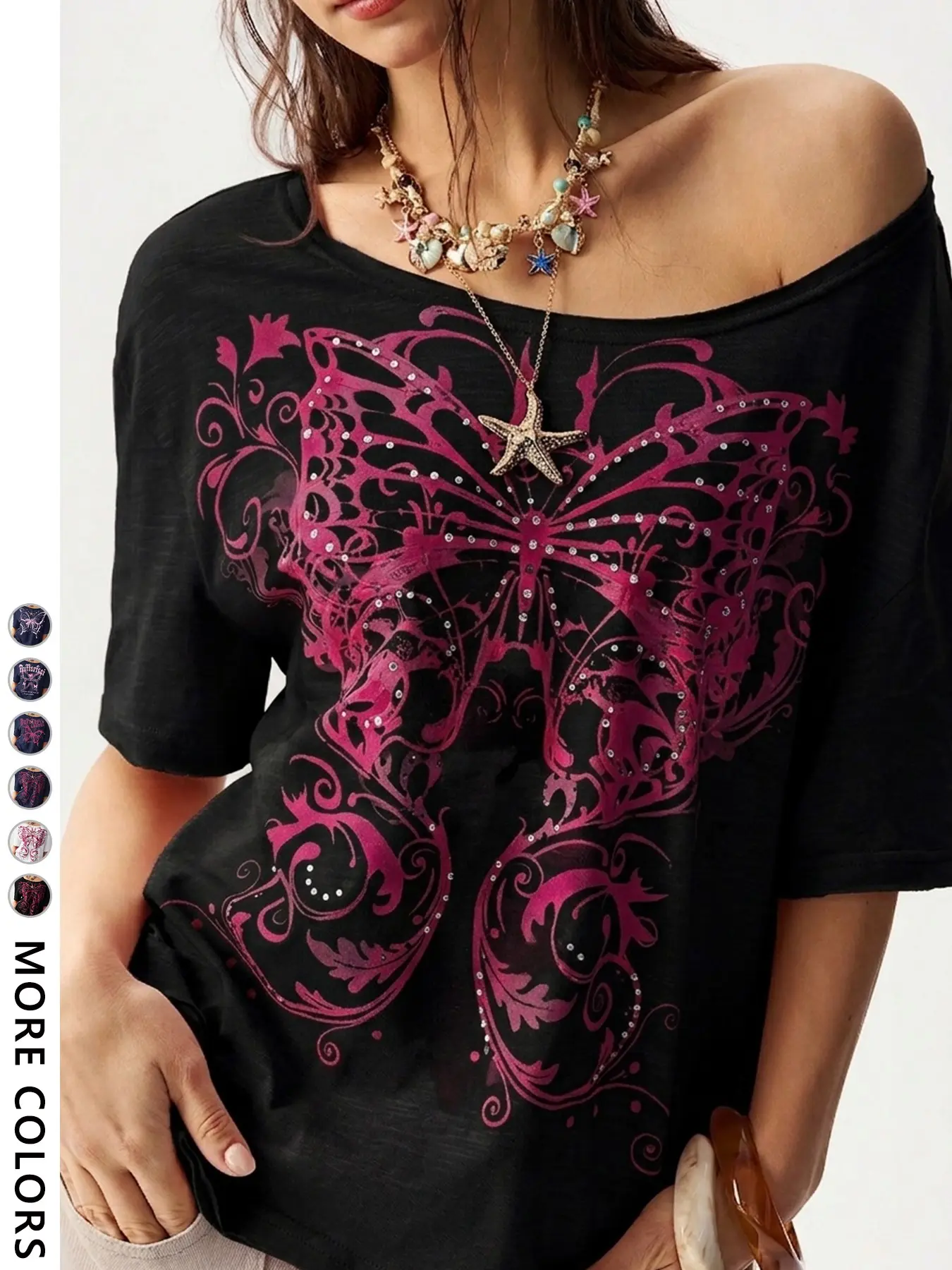 Women's Casual Loose-Fit Butterfly Print Asymmetrical Neckline Short Sleeve T-Shirt, Y2K Style, Perfect for Shopping & Daily Wear
