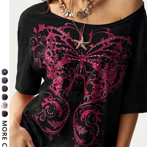 Women's Casual Loose-Fit Butterfly Print Asymmetrical Neckline Short Sleeve T-Shirt, Casual Comfy Tops, Y2K Style, Perfect for Shopping & Daily Wear