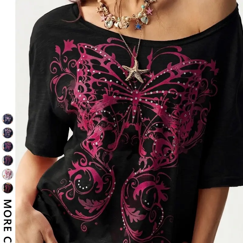 Women's Casual Loose-Fit Butterfly Print Asymmetrical Neckline Short Sleeve T-Shirt, Casual Comfy Tops, Y2K Style, Perfect for Shopping & Daily Wear