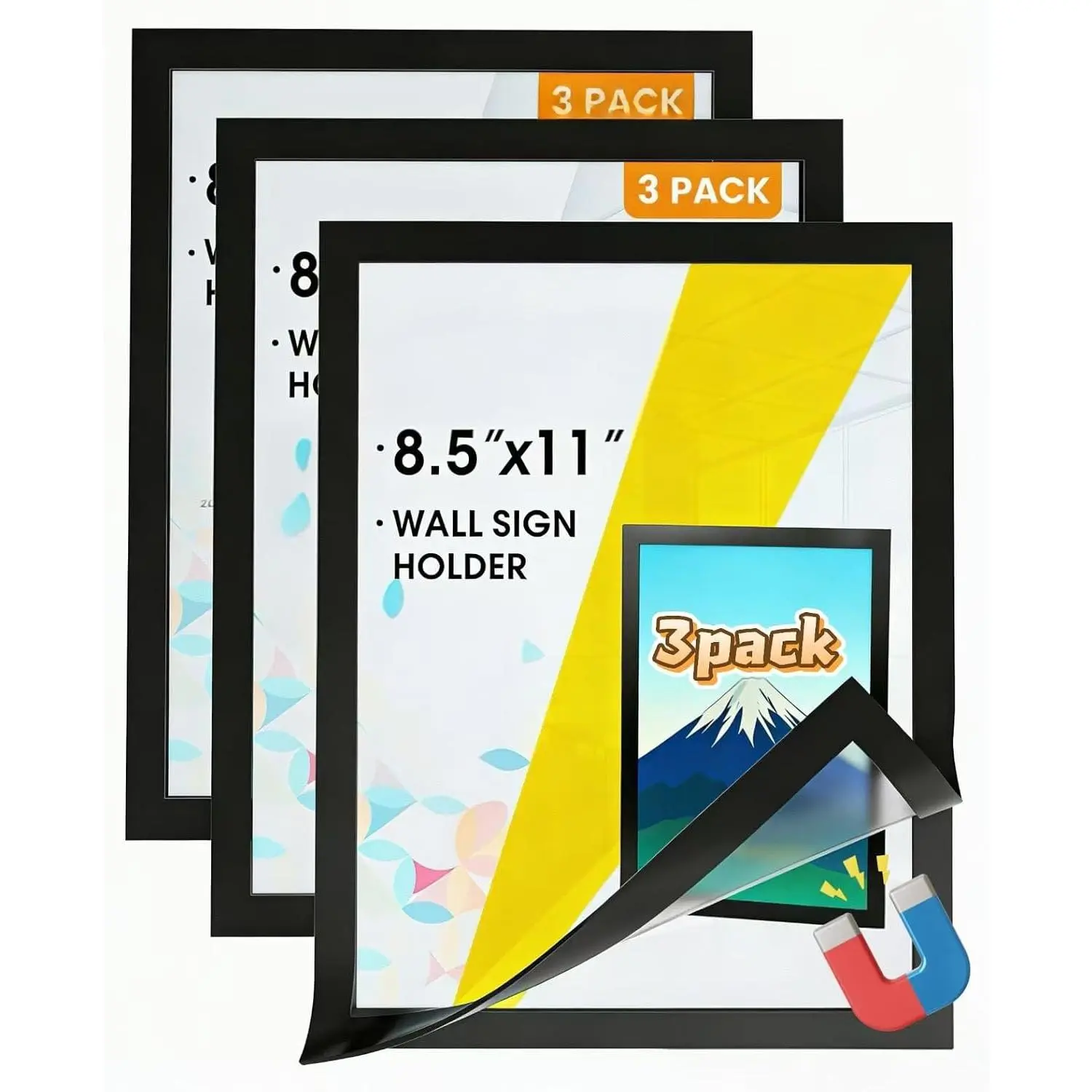 Sign Holder 8.5 x 11 Wall Mount, Self Adhesive Display Picture Frames with   Border and Clear PVC, Document Poster Paper Holder for  Office Store (3 Pack, Black, 8.5X11)