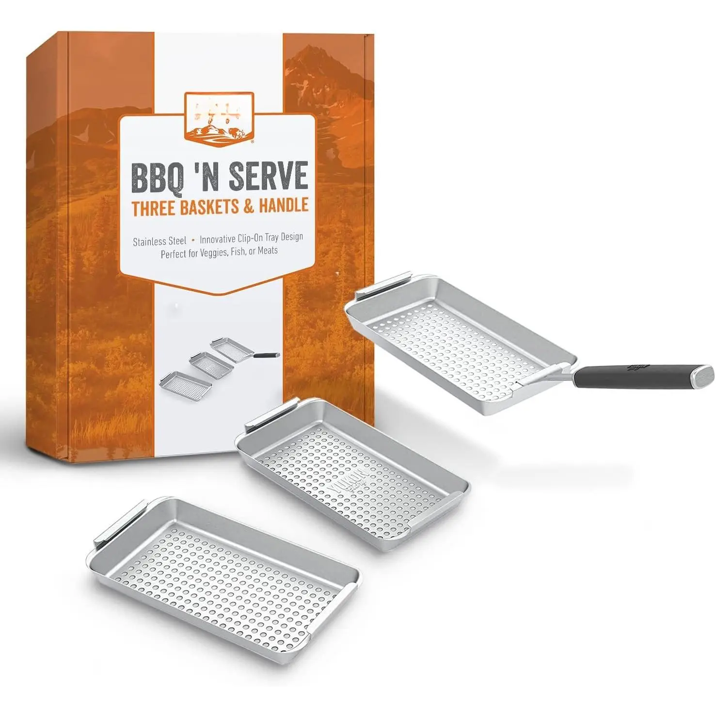 Grill Basket Set, 3 Stainless Steel Baskets, Clip- Handle | Fish grill basket for veggies, plus a grilling basket sized for shrimp, 9.25 x 5.125 in, dishwasher safe