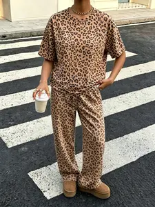 Fall Vintage Leopard Pattern Matching Pajama Sets Soft Stretch Crew Neck Short Sleeve Top Loose Wide Leg Drawstring Trousers Women Home Lounge Wear