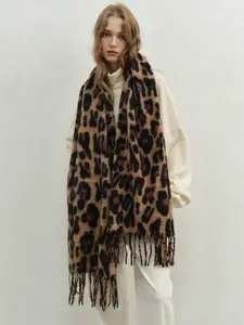 High-Quality Leopard Print Scarf, Cool Tassel Vintage Shawl, Y2K Faux Wool Warm Shoulder Wrap, Fall & Winter Fashion Accessory