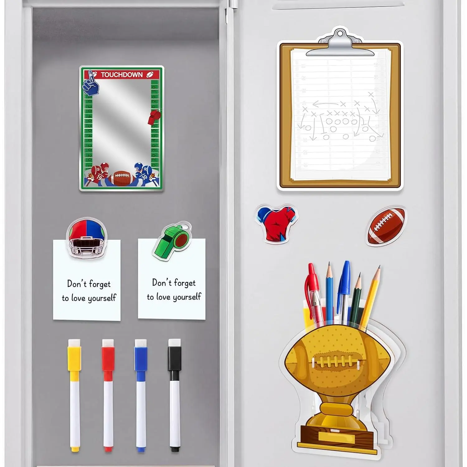 11-Count Locker Accessories Kit, Football Touchdown Themed Locker Organizer with Whiteboard, Mirror, Pen Holder & Stickers for Back to School Office Stationery Essentials, Locker Kit