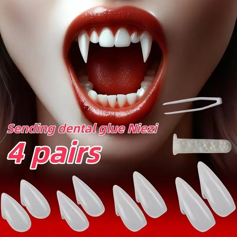 4 Pairs Vampire Teeth with Adhesive False Teeth, Halloween Party Props, Fool's Day Costume Accessories, Includes Denture Gel and Tweezers, Multiple