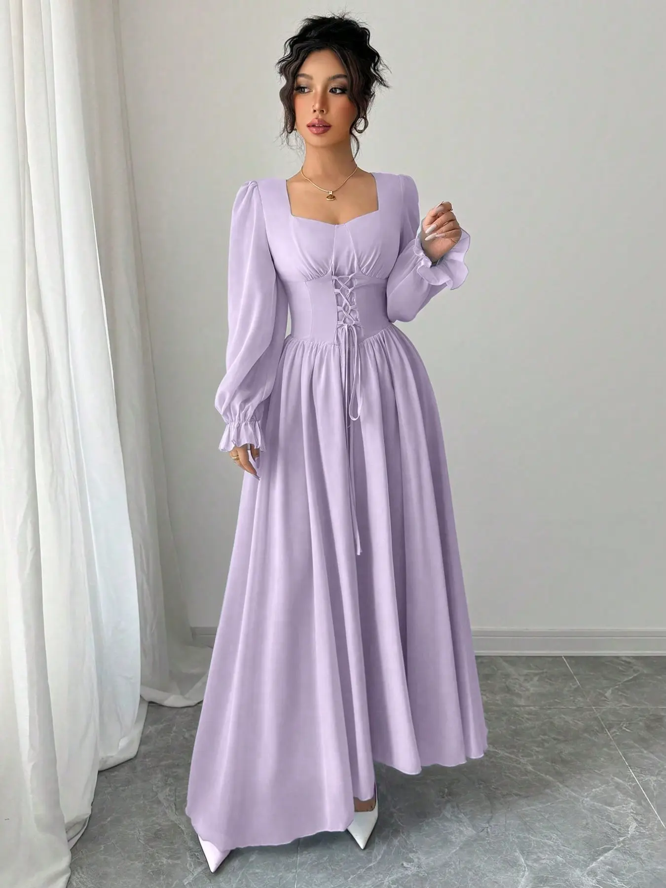 Women's Lavender Elegant Long Sleeve Dress, Fashion Ruffle Waist A-Line Dress, All Seasons Solid Pattern, Plain Surface, Mainland China