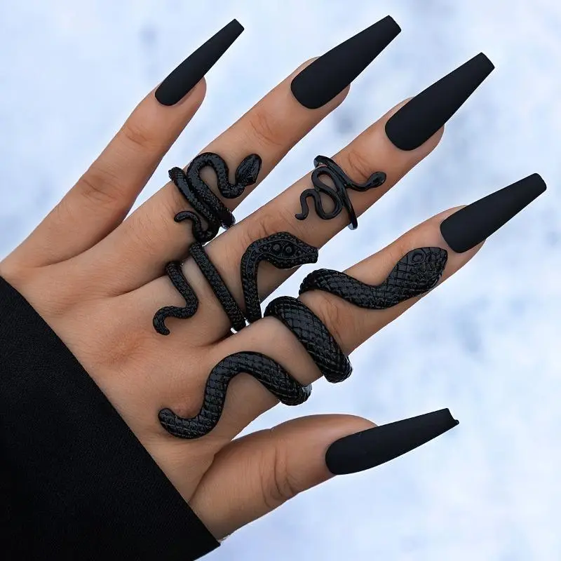 Women's 4-Piece Dark Gothic Geometric Snake Rings Set, Stackable Irregular Open Metal Stylish Accessories, Ideal for Parties & Daily Wear, Gift for Friends, Stackable Rings, Dark Aesthetic Rings, Birthday