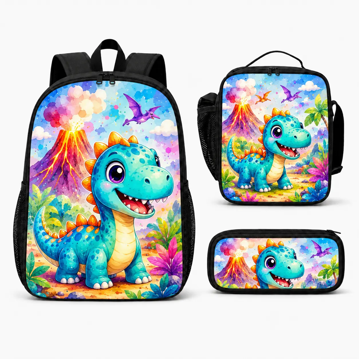 Cute Dinosaur 3-Piece School Bag Set for Elementary Students: Includes a high-capacity, dual-compartment backpack, an insulated lunch bag (with shoulder strap and carry handle), and a pencil case-perfect for back-to-school or birthday gifts.