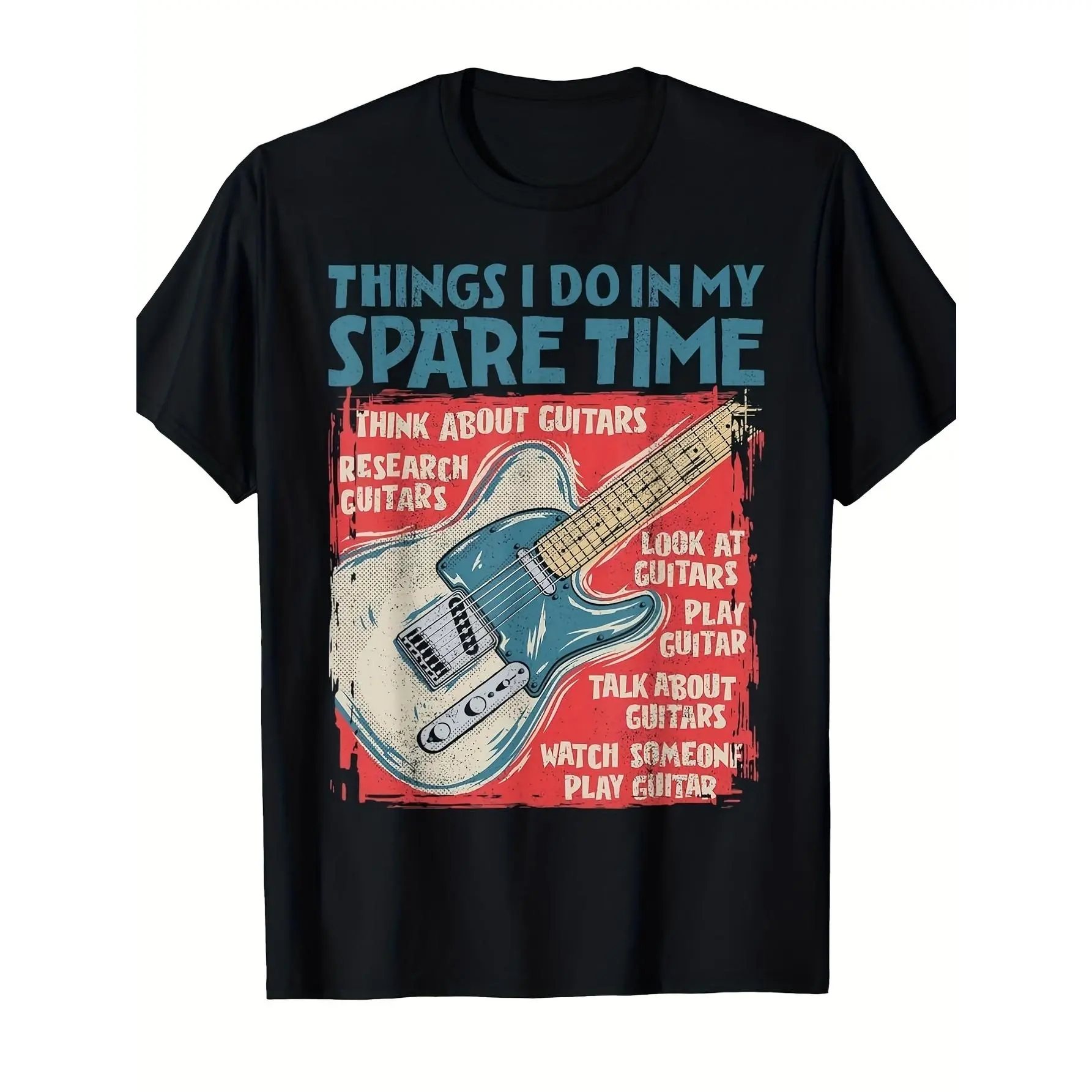 Men's "Guitar Things" Graphic Print T-Shirt for Guitar Lovers, Casual Cotton Menswear Round Neck Shortsleeve Top, Fabric, Knit, Tops