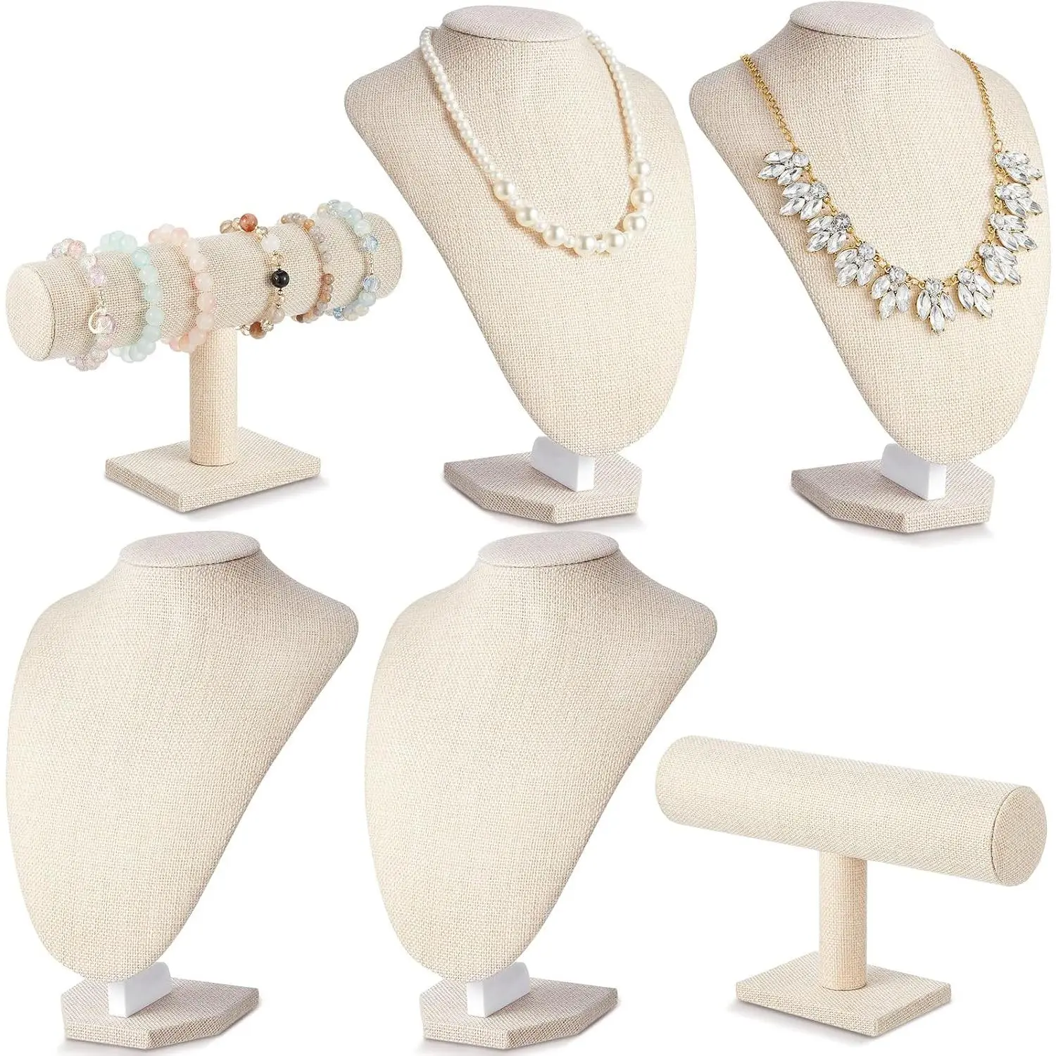 6 Pcs Jewelry Display Set Necklace Display Stand T Bar Bracelet Holder Jewelry Bust for Home Store Trade Show(Linen)