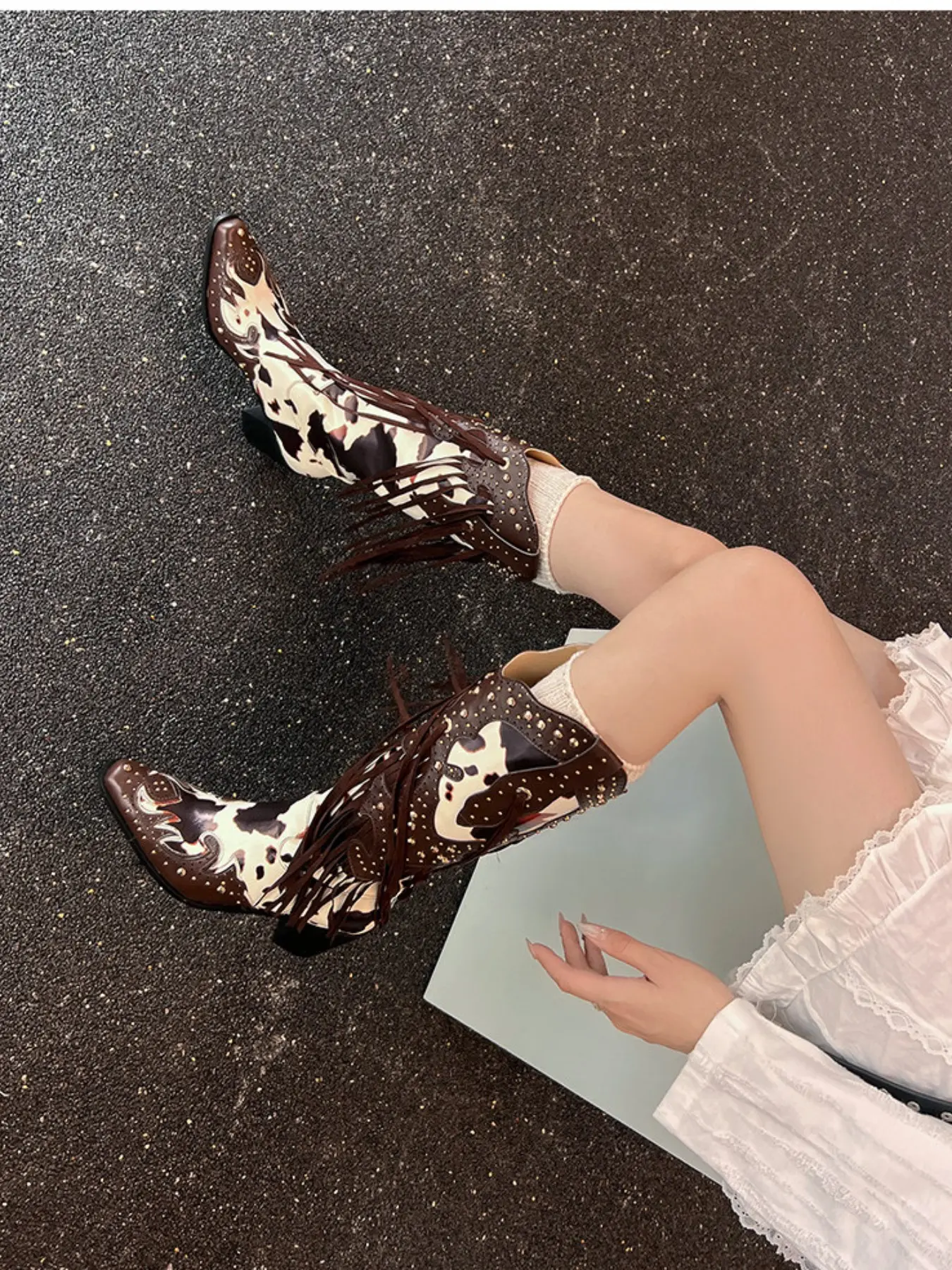 Square Toe Chunky Heel High Boots, Cow Print Colorblock Fabric, Summer Streetwear, Unique Retro Straight Calf Boots