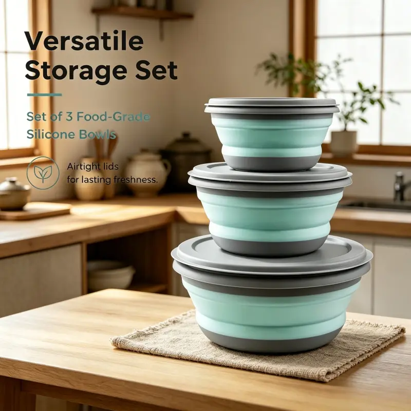 Set of 3 Food-Grade Collapsible Folding Silicone Bowls with Airtight Lids, Space-Saving Foldable Design, Perfect for RV Travel, Camping, Outdoor Food Storage and Household Refrigerator Fresh-Keeping