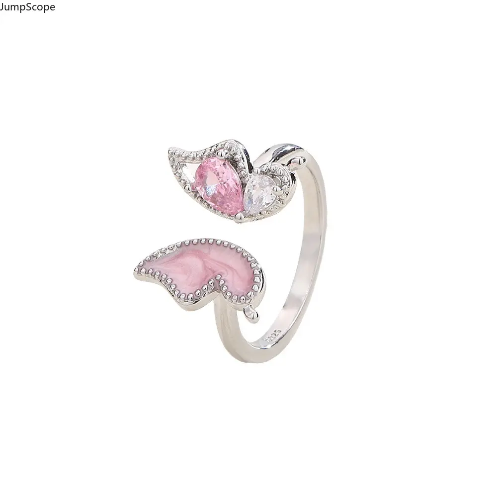 Pink Cubic Zirconia Butterfly Open Adjustable Ring, Dainty Enamel Two Wings Split Band Luxury Minimal Pink Gem Finger Ring Women Romantic Valentines Engagement Statement Stackable Jewelry