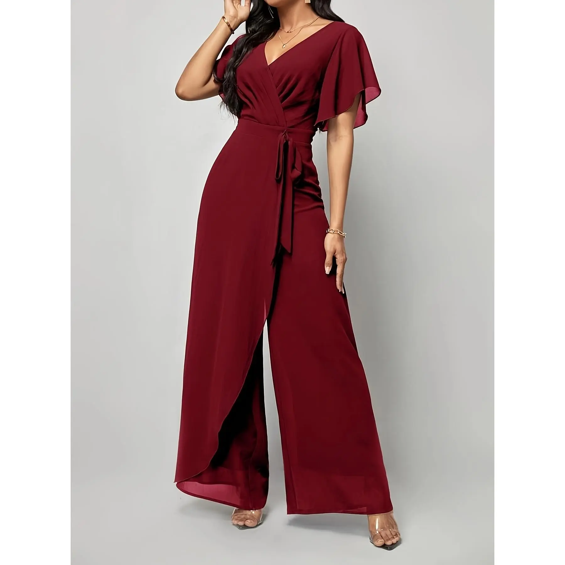 Chic Solid Jumpsuit, Elegant Loose Fit Woven Design with V-Neck, Butterfly Sleeves and Tie-Up Waist Detail, Polyester, Spandex, Overalls, Fabric, Jumpsuits For Women, Polyester Blend, Four Seasons