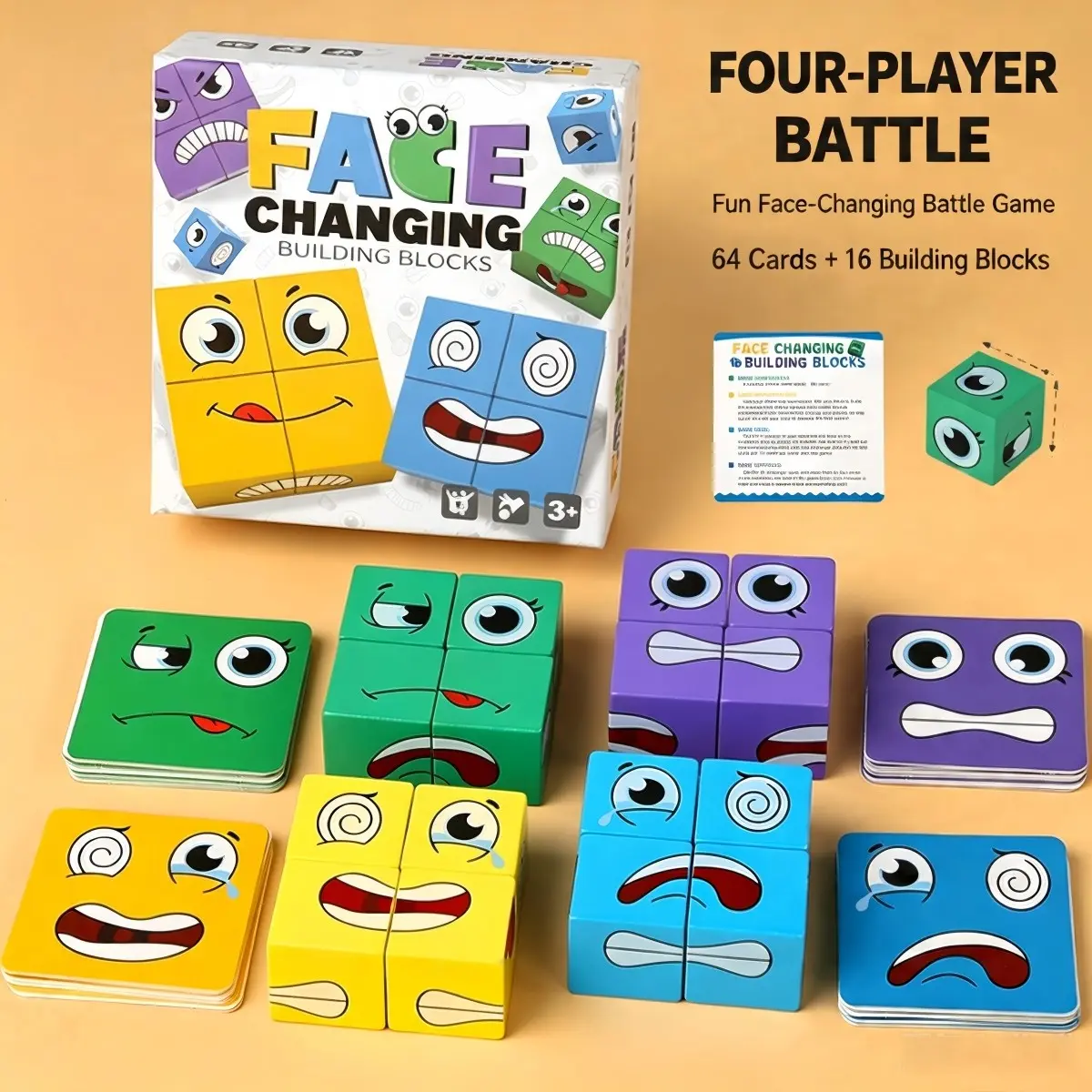 1 Box Kids Face-Changing Cube, Educational Building Block Toy, Parent-Child Interaction, 1-4 Player Table Battle Game, Wooden Cube Blocks with Smiley Face Patterns