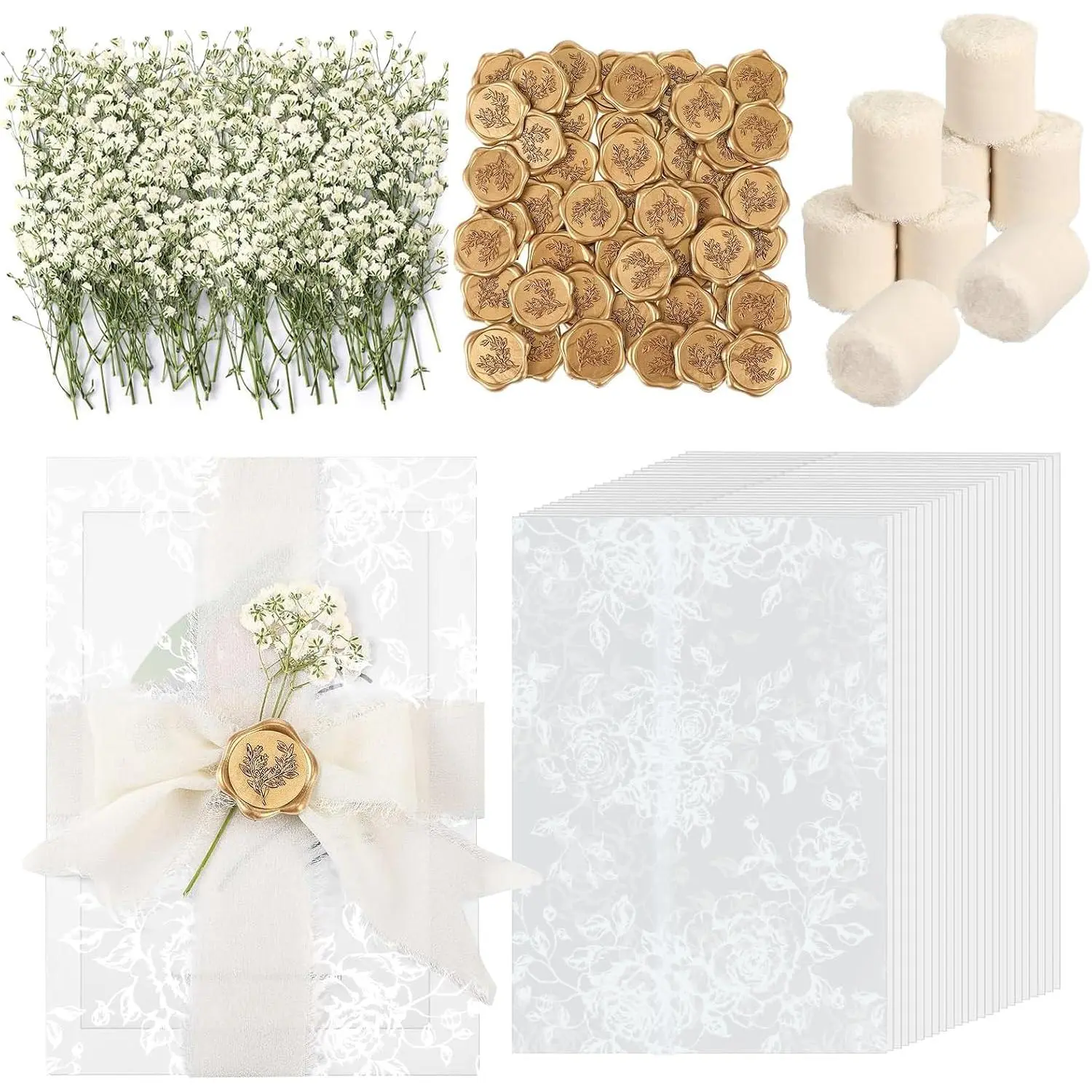 Wedding Invitation Accessories Kit, Pre-Folded Vellum Jackets for 5×7 Invitations with Wax Seal Stickers, Ribbon & Dried , Elegant Wedding Invitation Accessories for DIY Bridal Invites (White-Rose, 50)
