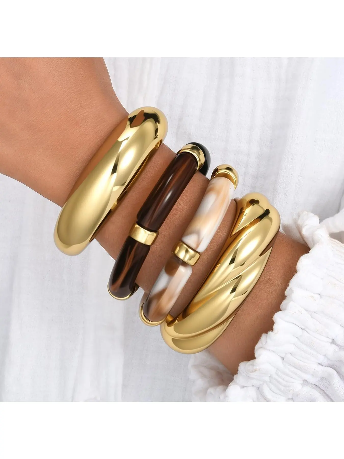 Gold Bracelet Stack For Women, 3Pcs Jade Vintage Chunky Stackable Stretch Boho Western Adjustable Bracelet Stacks Statement Dainty Tarnish Free Waterproof Jewelry Gift